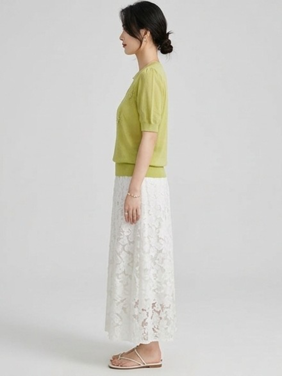 Green Round Neck T-Shirt with Pearl Embellishments
