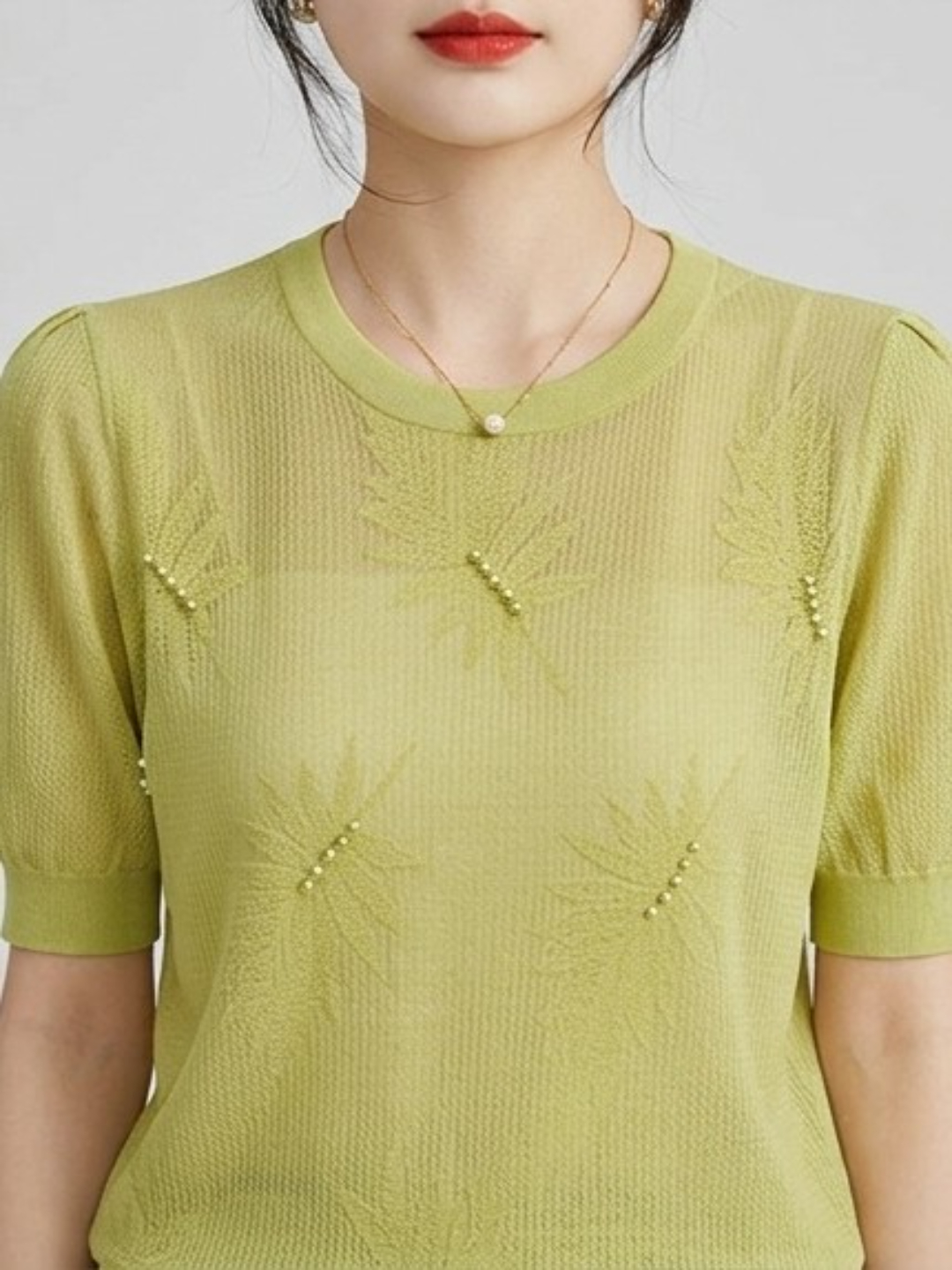 Green Round Neck T-Shirt with Pearl Embellishments