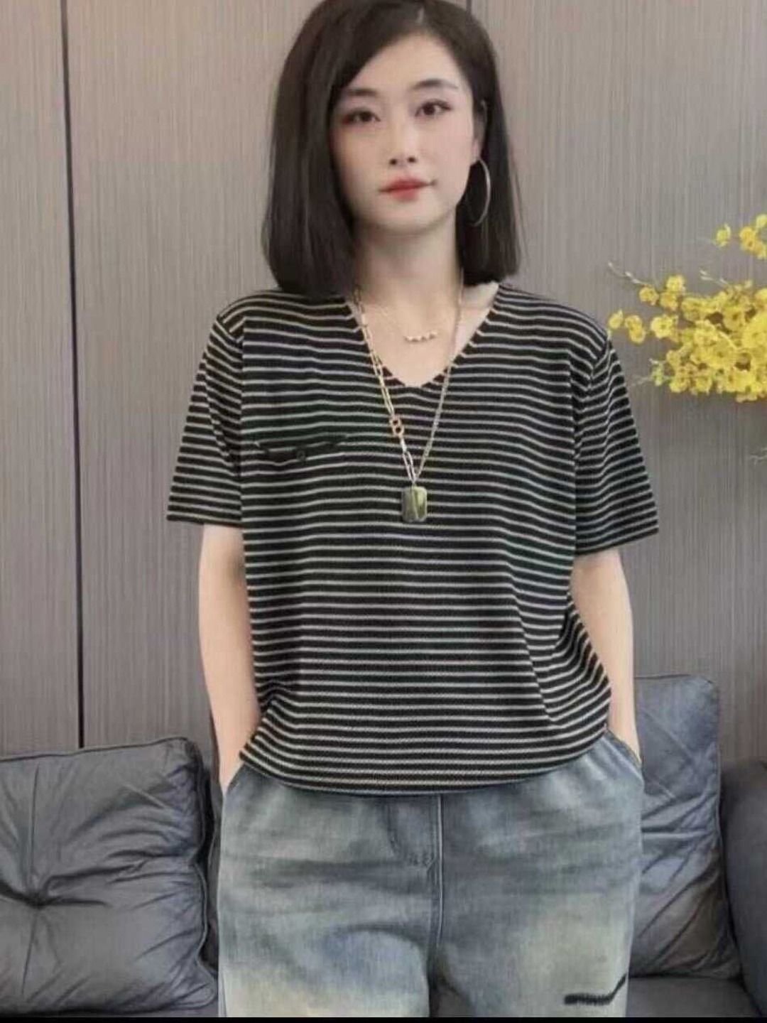 Black and White Striped V-Neck T-Shirt