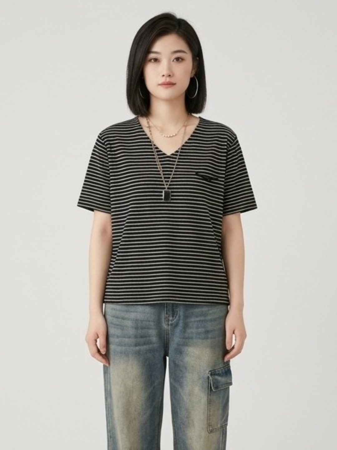 Black and White Striped V-Neck T-Shirt
