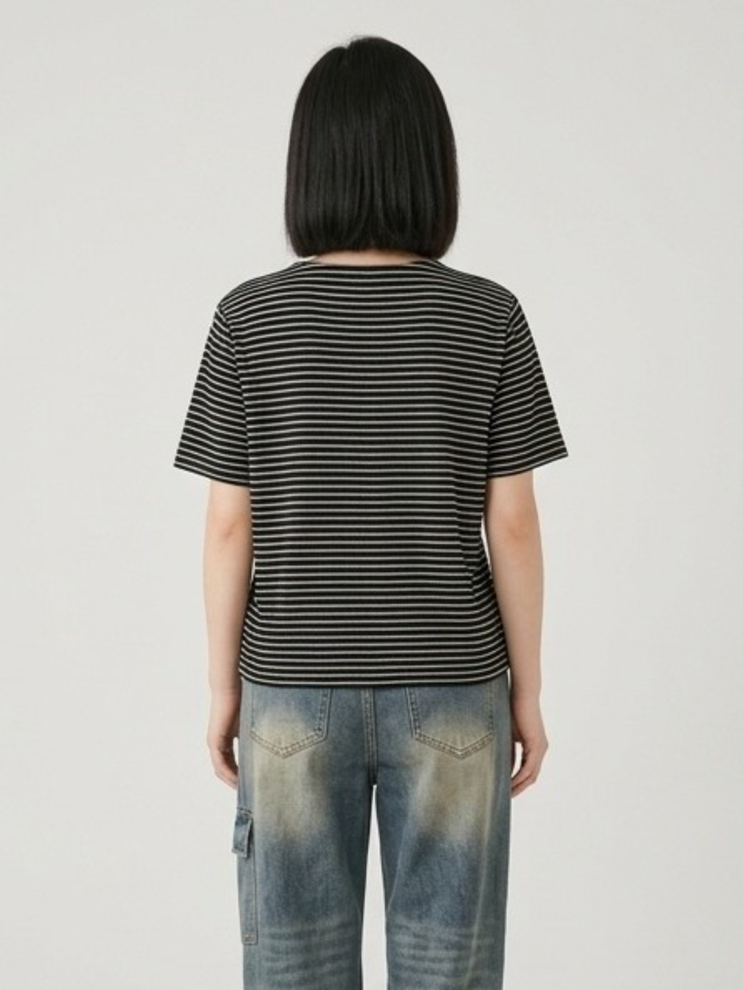 Black and White Striped V-Neck T-Shirt
