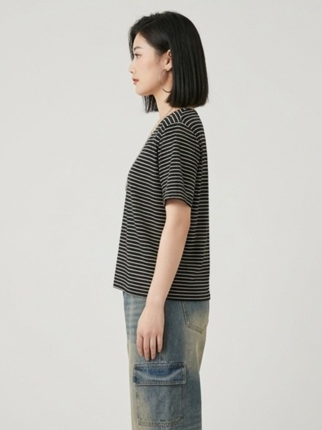 Black and White Striped V-Neck T-Shirt