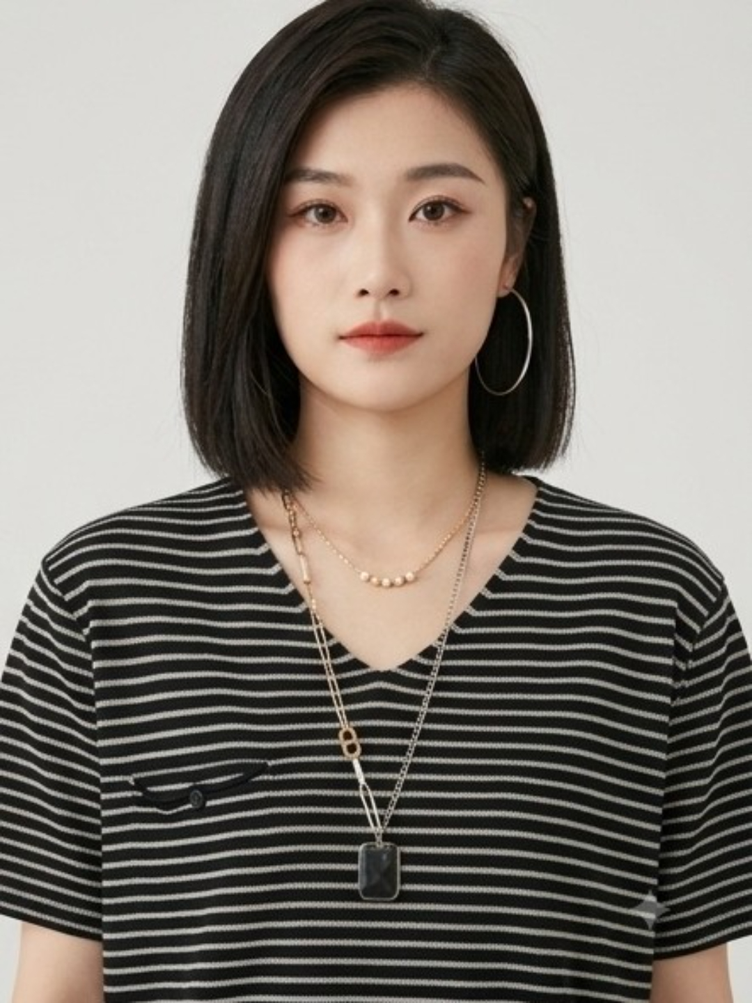 Black and White Striped V-Neck T-Shirt