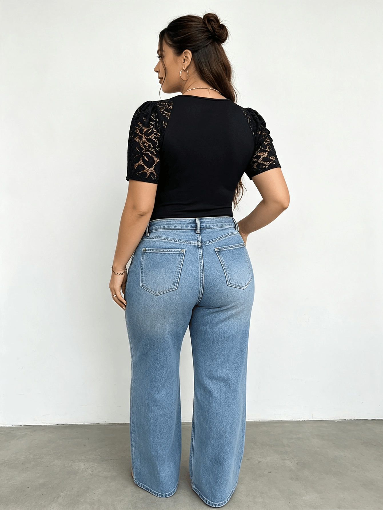 Black Lace Puff Sleeve Plus Size Top