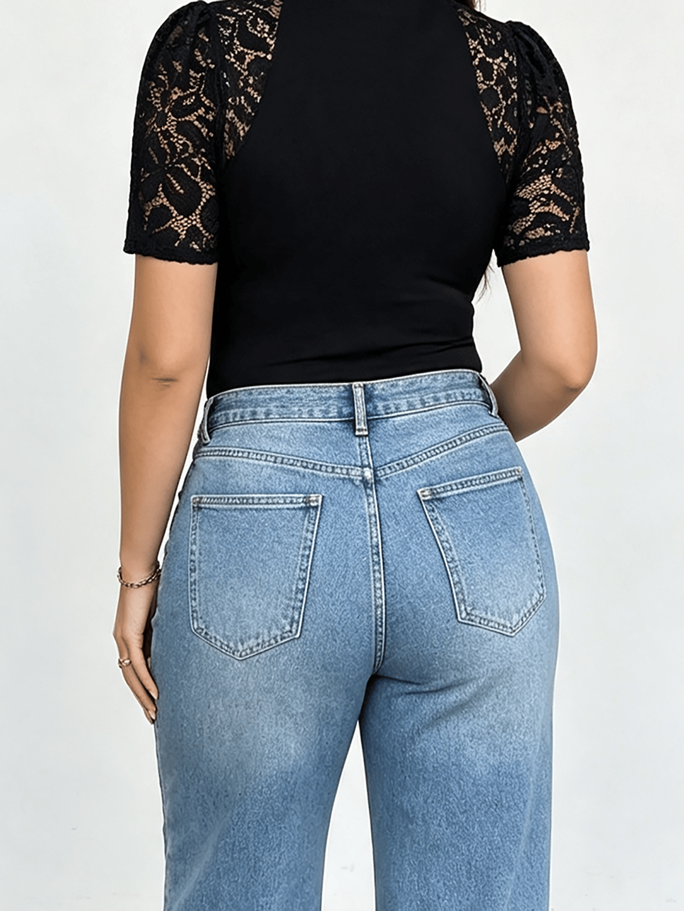 Black Lace Puff Sleeve Plus Size Top