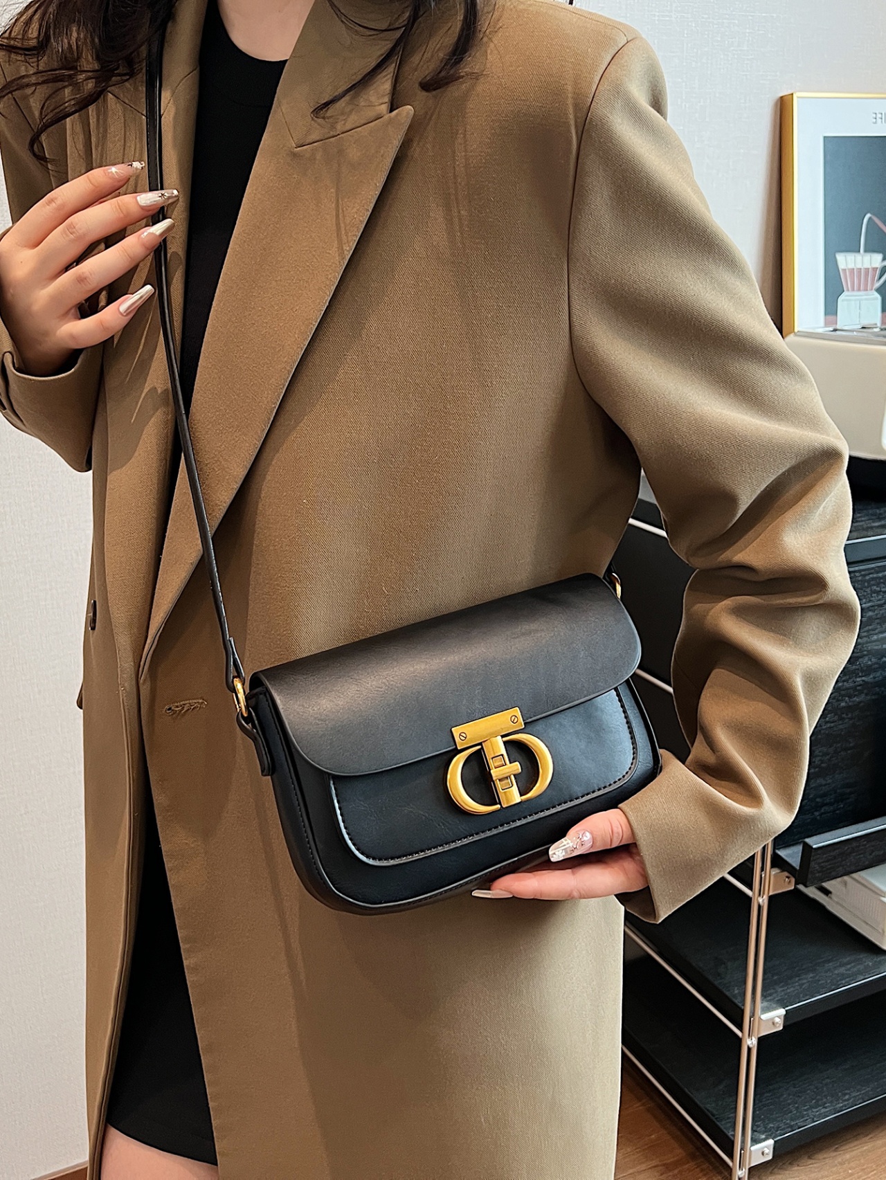 Black Crossbody Bag with Gold Hardware