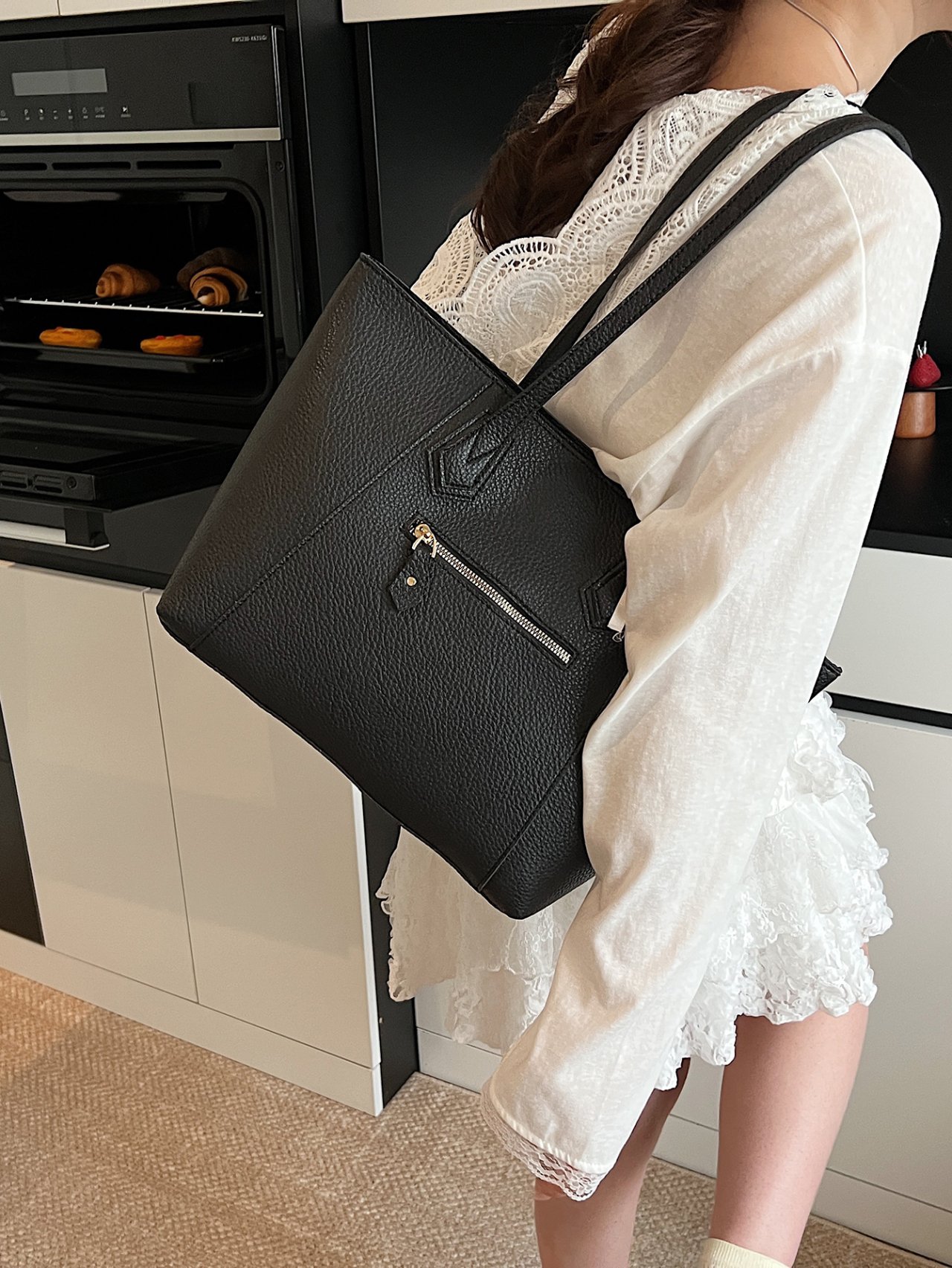 Black Pebble Faux Leather Tote Shoulder Bag