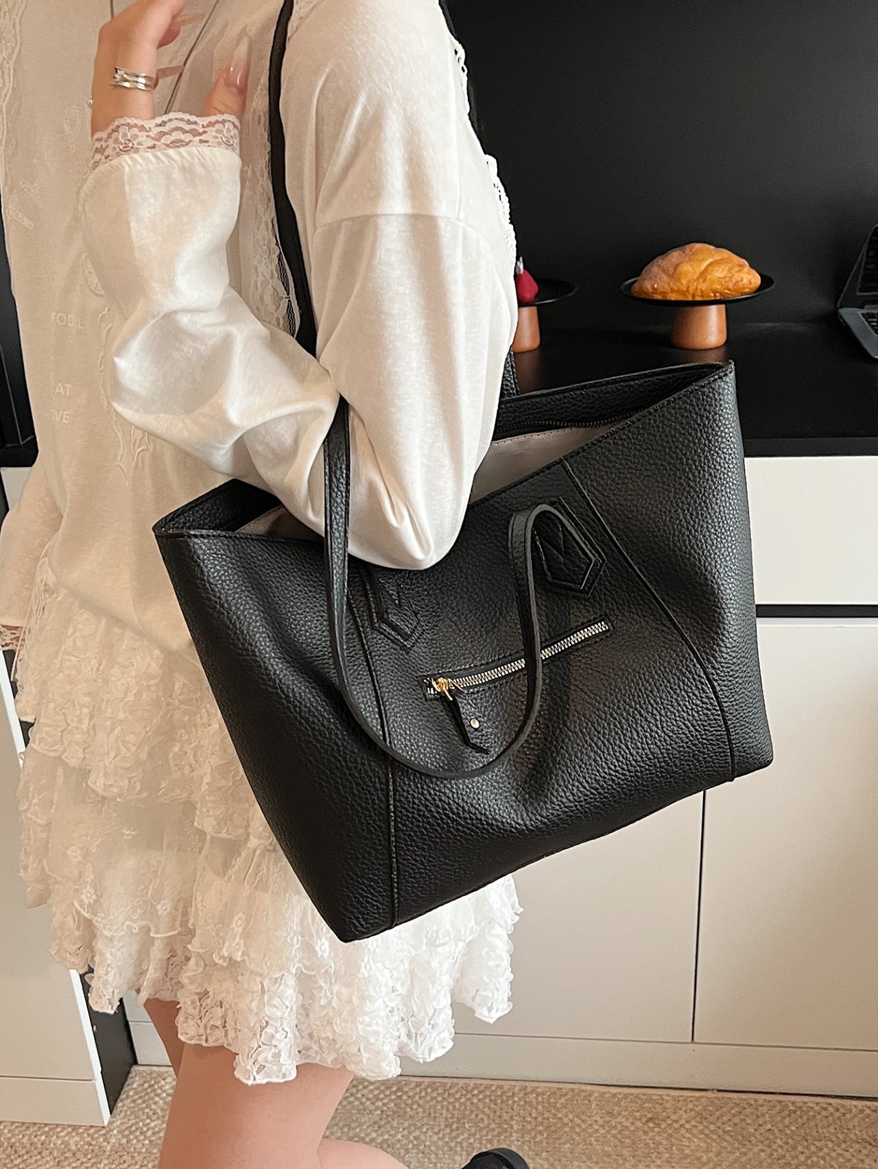 Black Pebble Faux Leather Tote Shoulder Bag