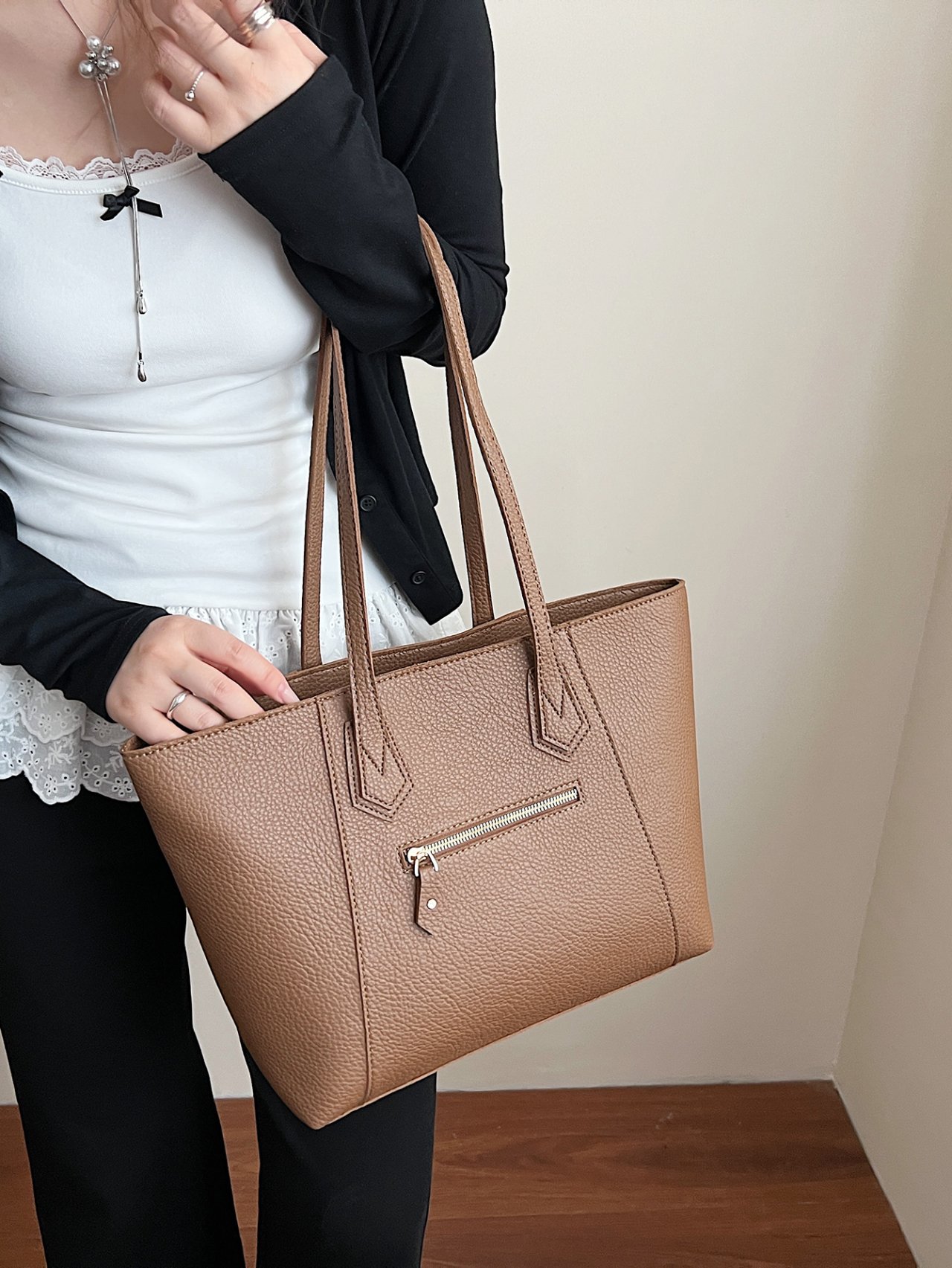 Coffee Brown Textured Tote Shoulder Bag