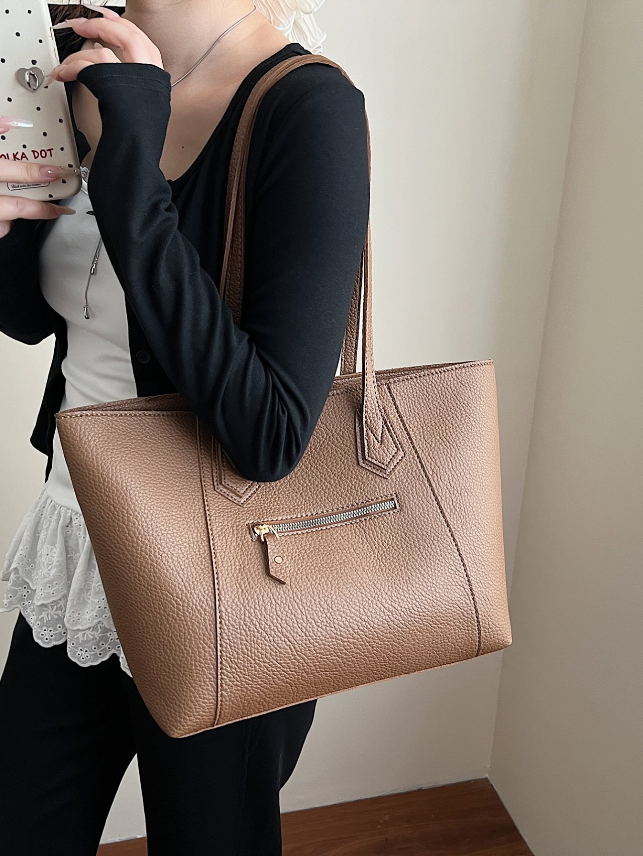 Coffee Brown Textured Tote Shoulder Bag