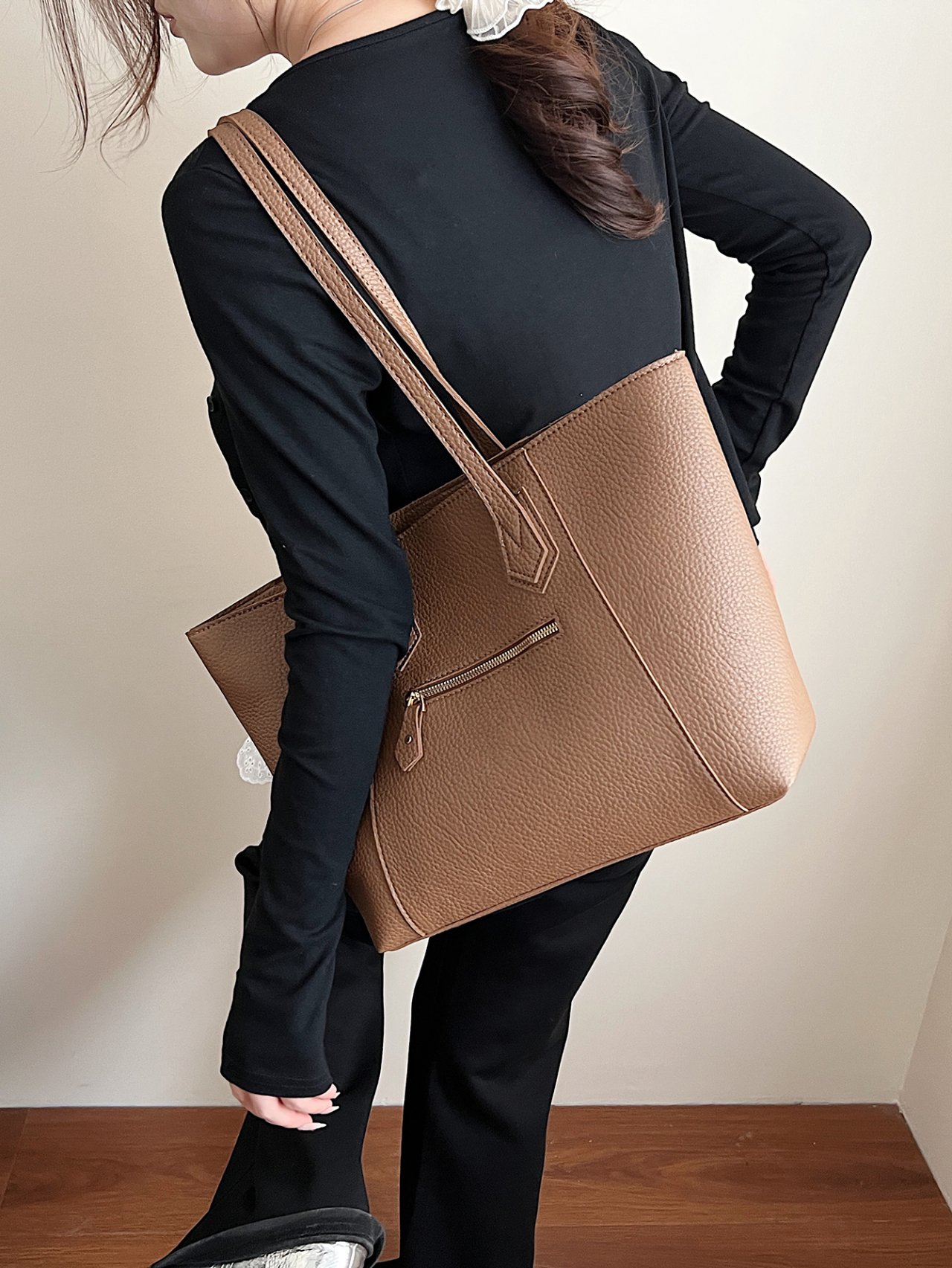 Coffee Brown Textured Tote Shoulder Bag
