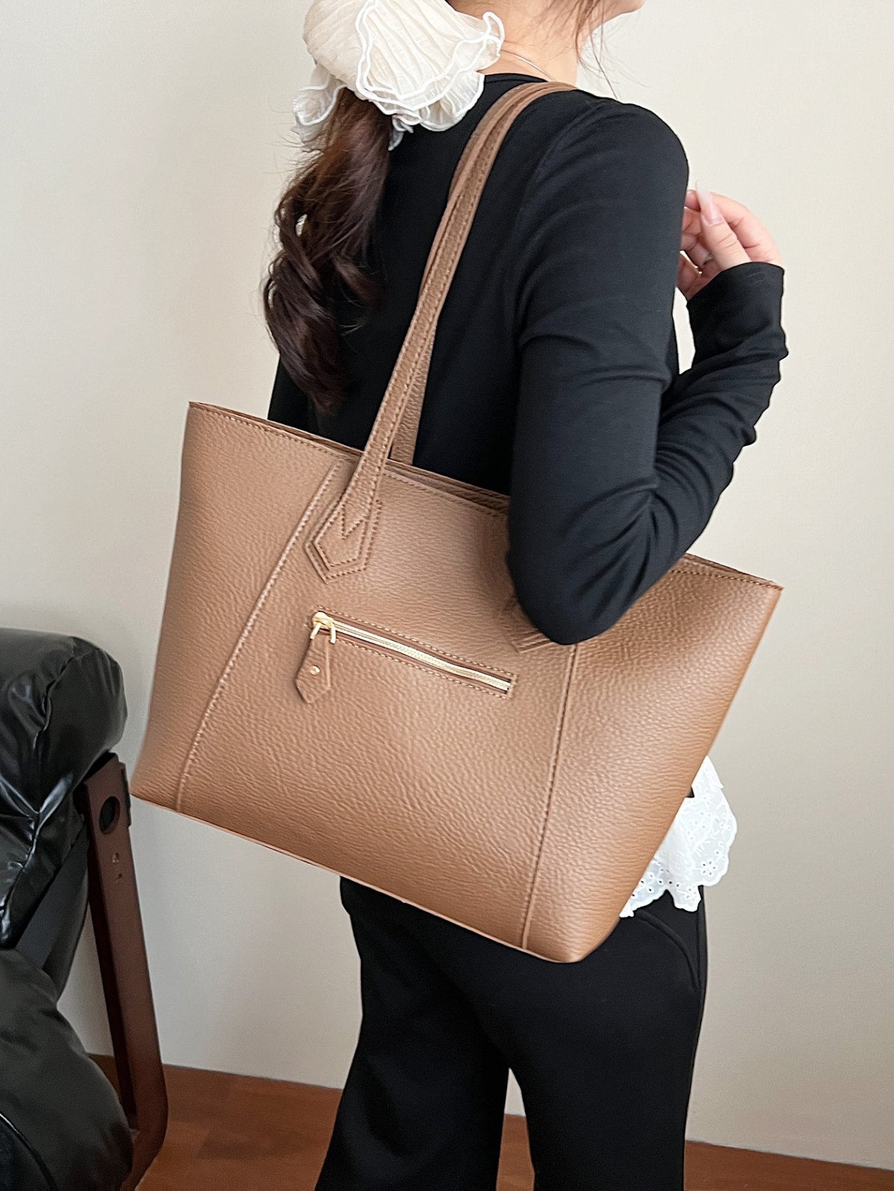 Coffee Brown Textured Tote Shoulder Bag