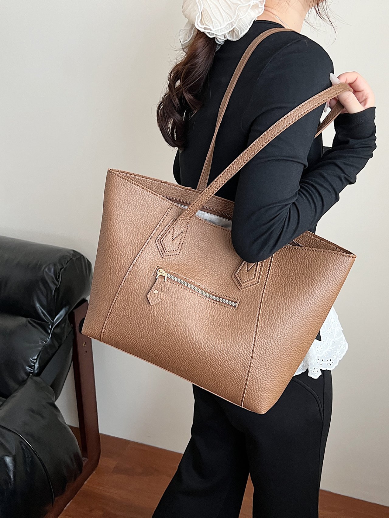 Coffee Brown Textured Tote Shoulder Bag