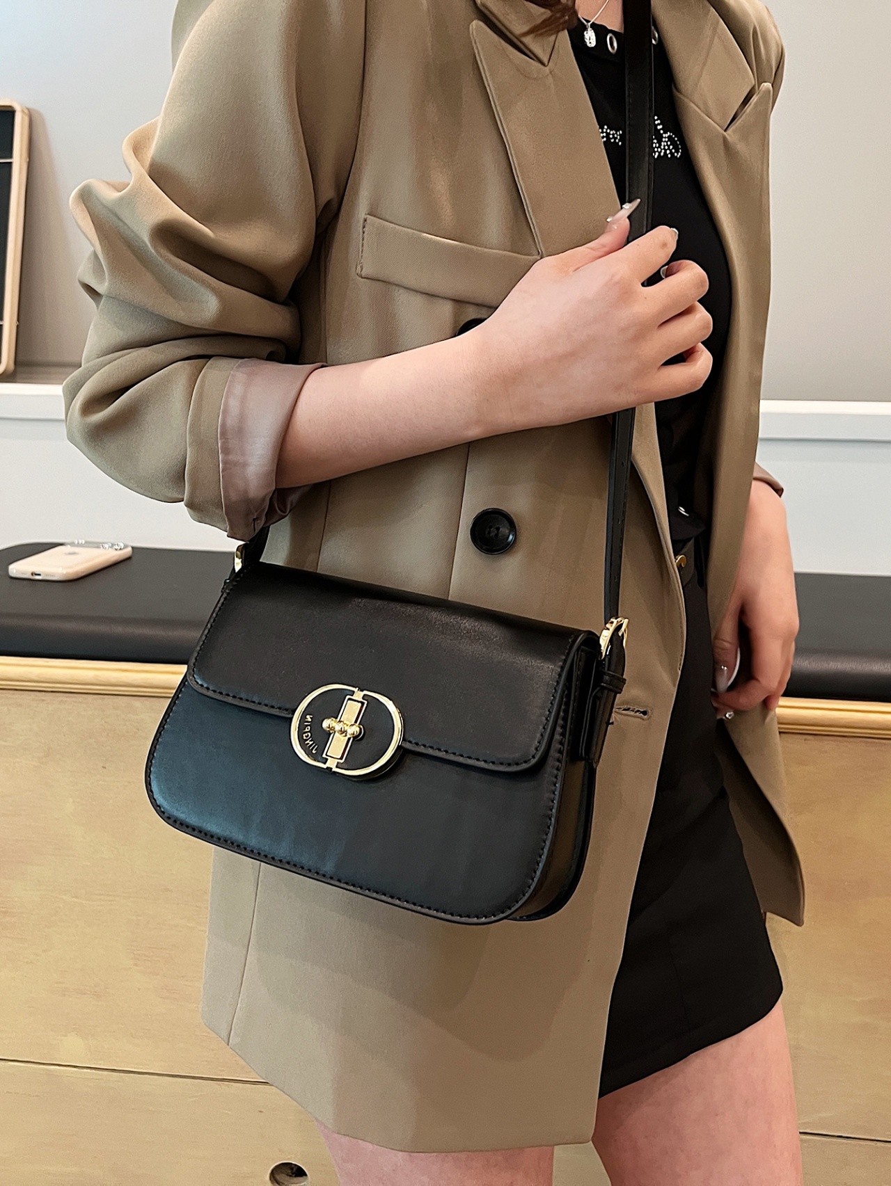 Black Shoulder Bag with Gold Clasp