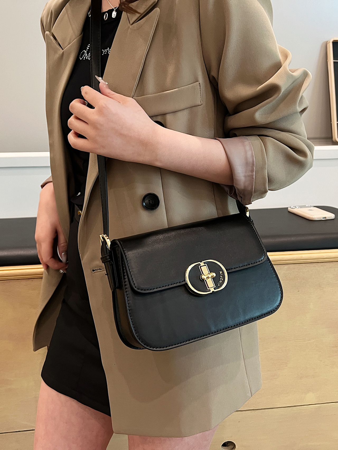 Black Shoulder Bag with Gold Clasp