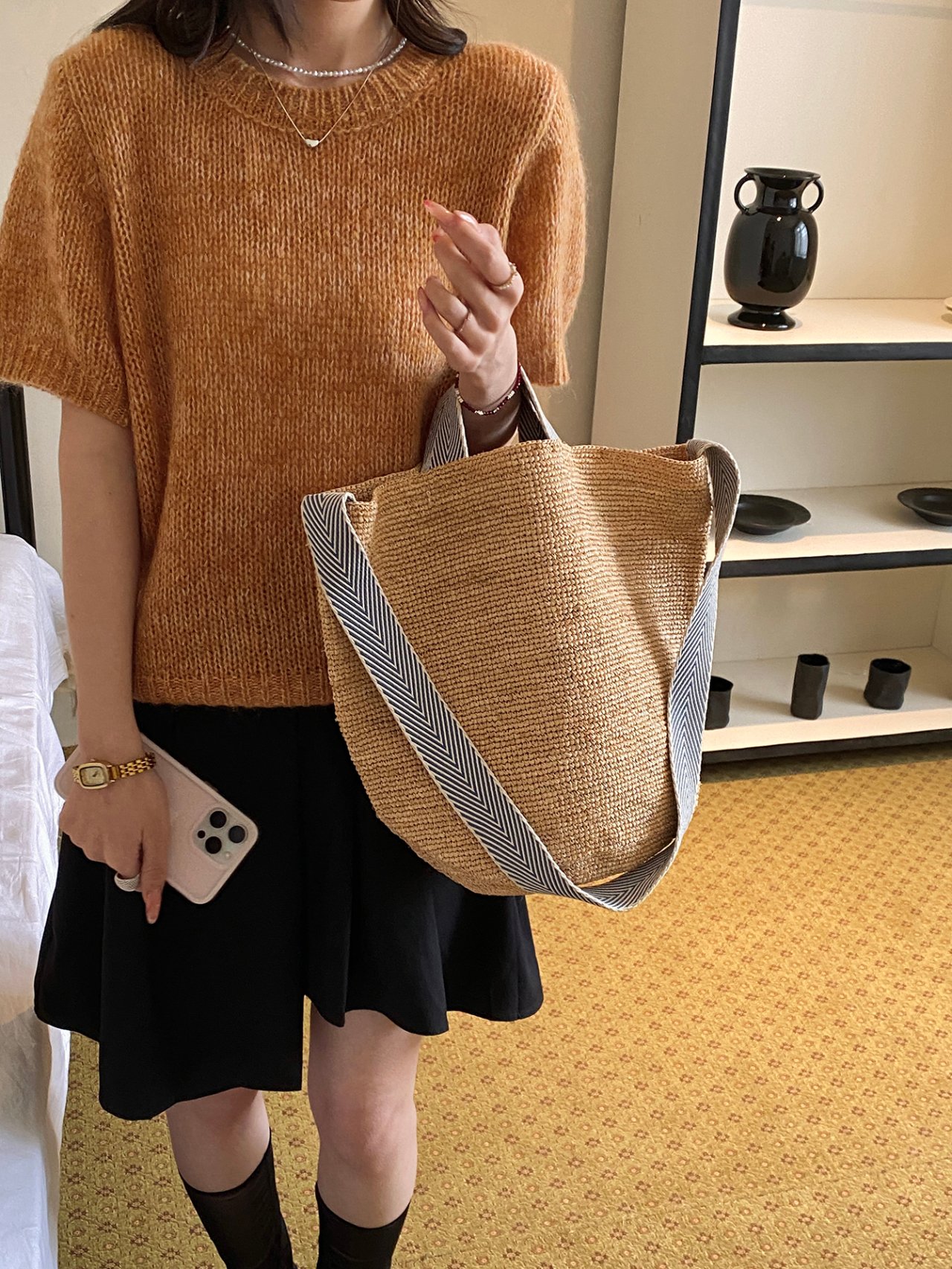 Beige Woven Crossbody Bag