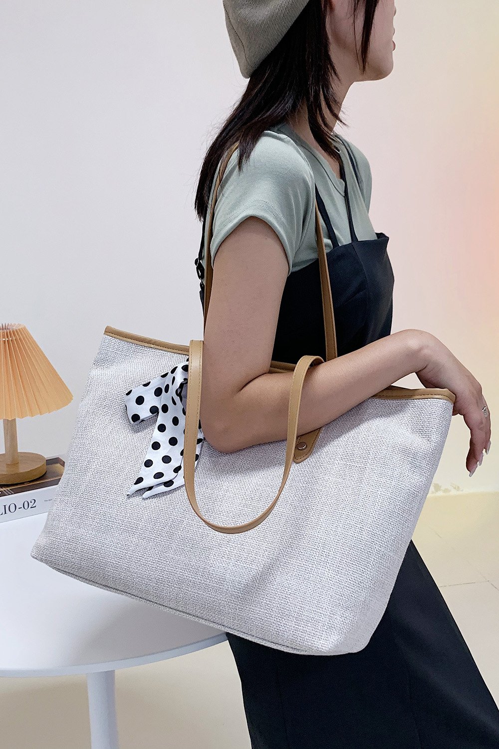 Off-White Tote Shoulder Bag with Polka Dot Scarf