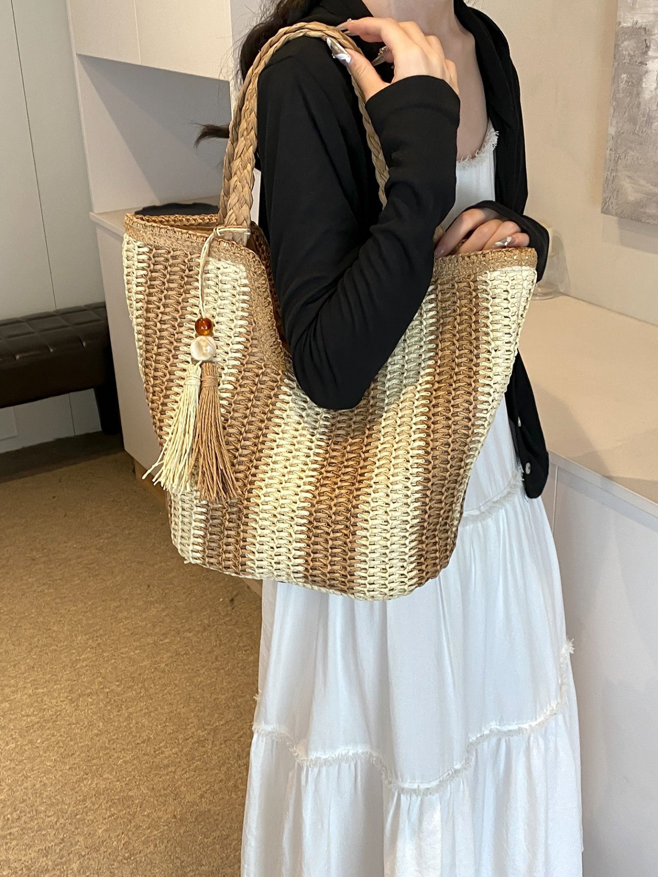 Woven Straw Tote Shoulder Bag with Tassel Charm