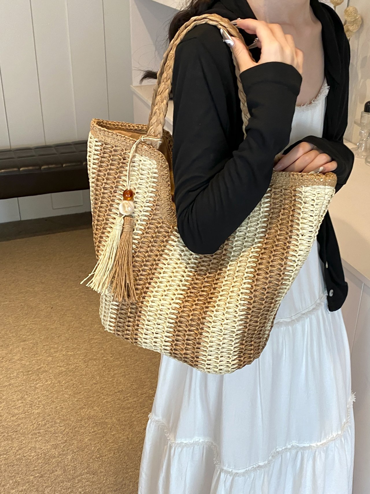 Woven Straw Tote Shoulder Bag with Tassel Charm