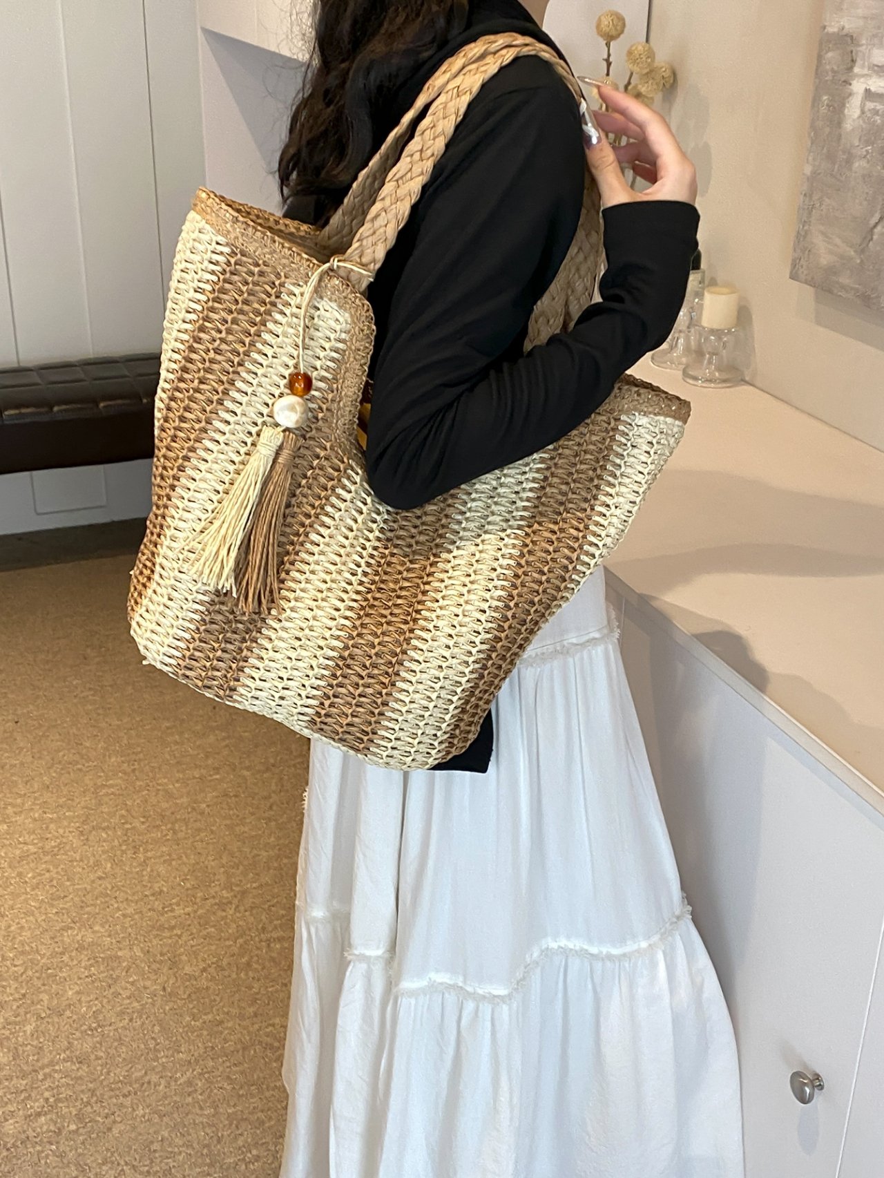 Woven Straw Tote Shoulder Bag with Tassel Charm