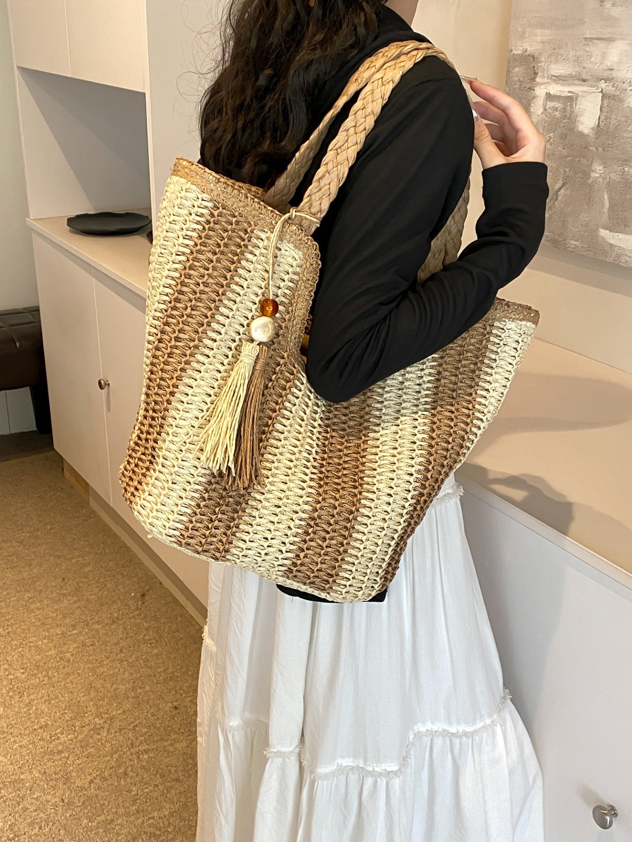 Woven Straw Tote Shoulder Bag with Tassel Charm