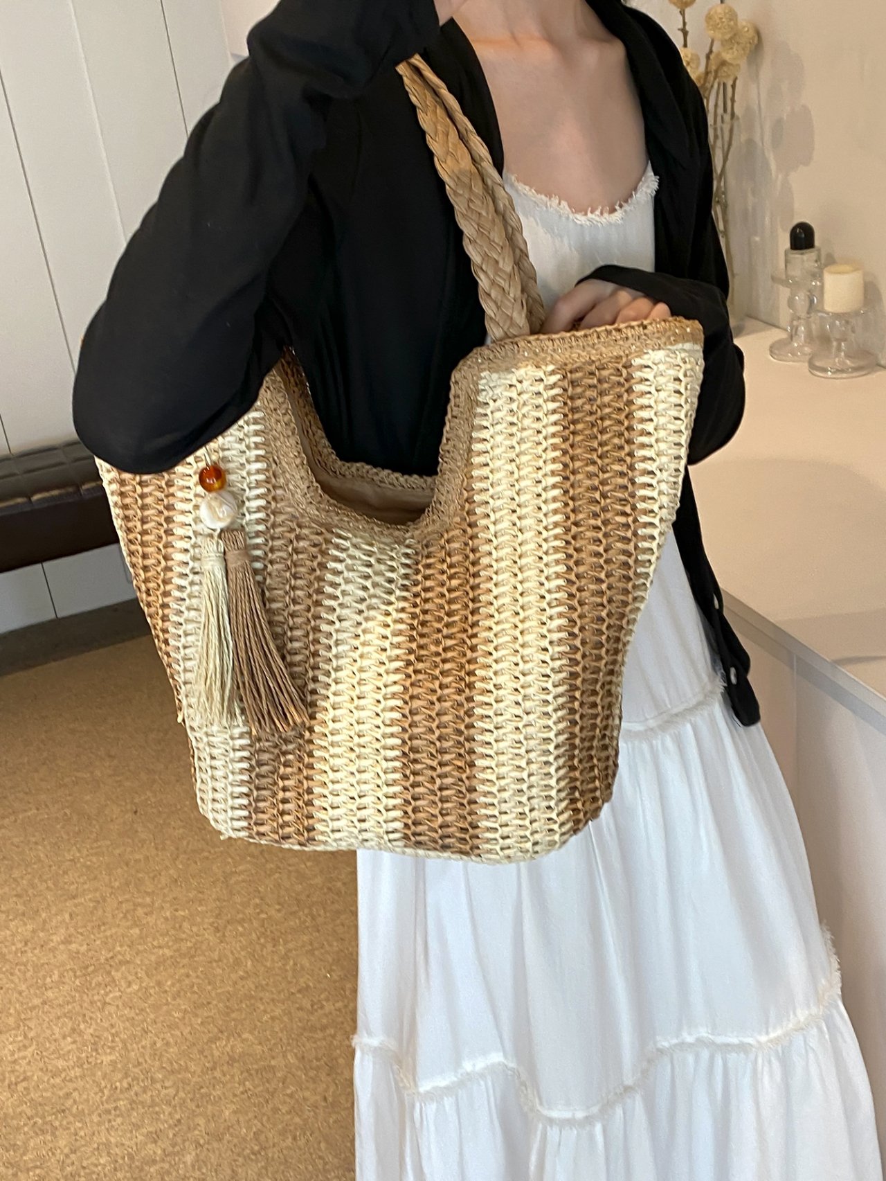 Woven Straw Tote Shoulder Bag with Tassel Charm