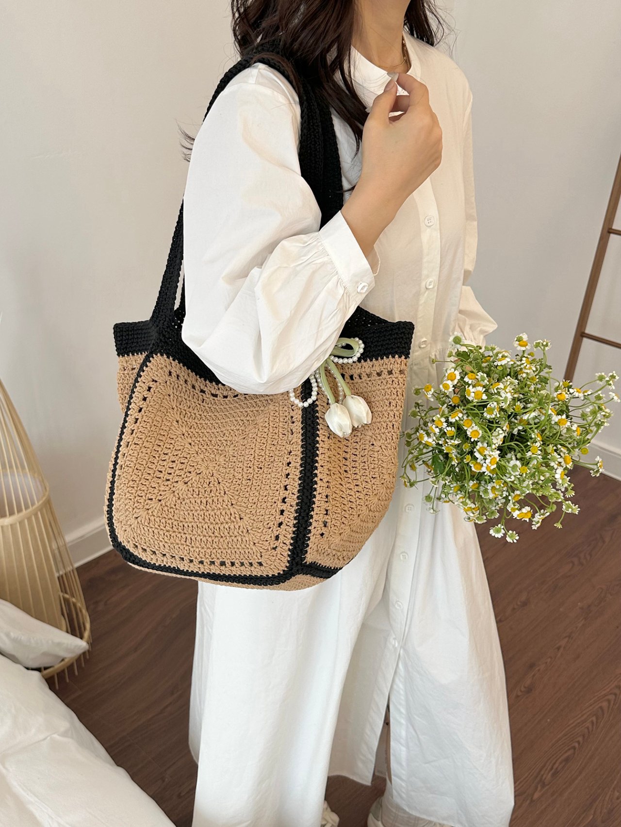 Off-White Shoulder Bag with Polka Dot Scarf