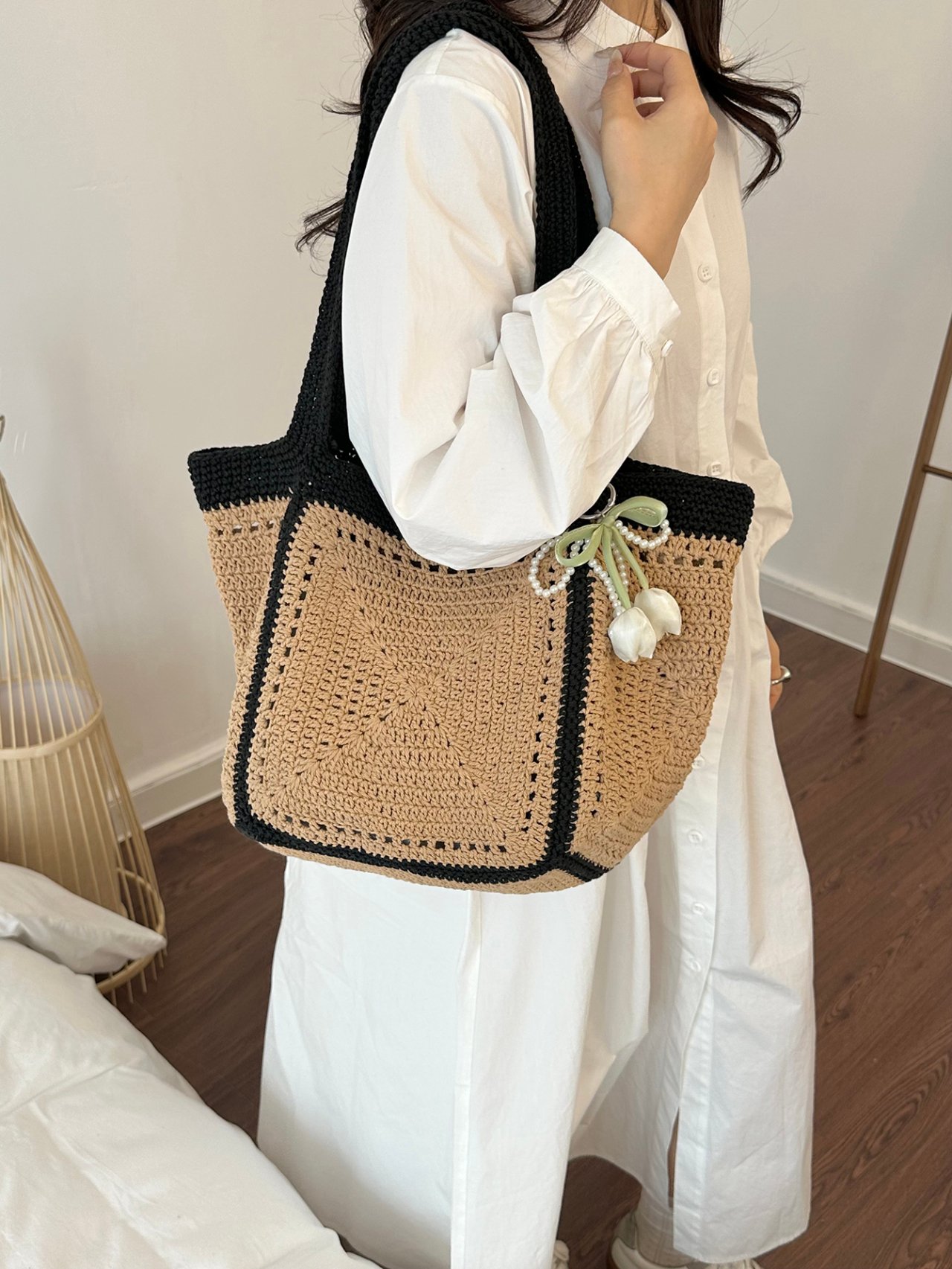 Off-White Shoulder Bag with Polka Dot Scarf