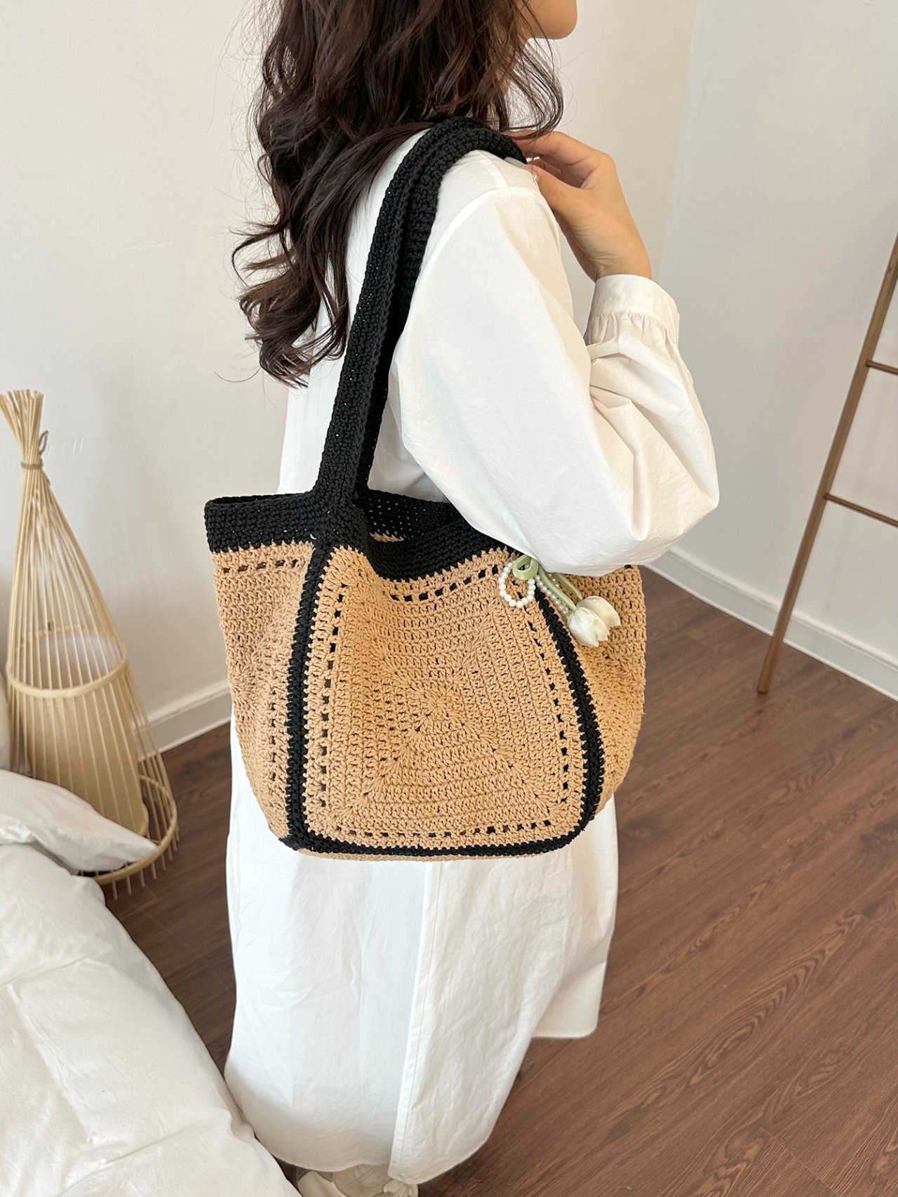 Off-White Shoulder Bag with Polka Dot Scarf