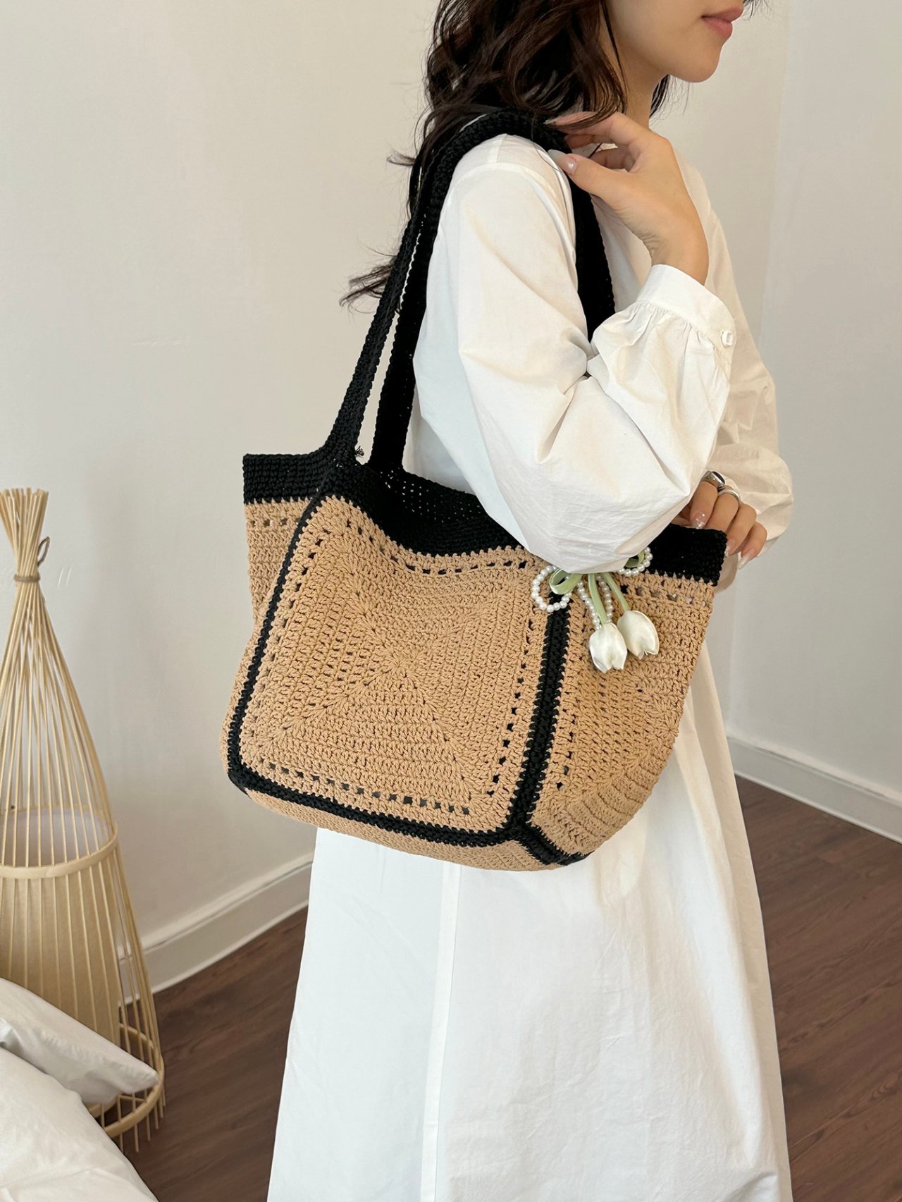 Off-White Shoulder Bag with Polka Dot Scarf