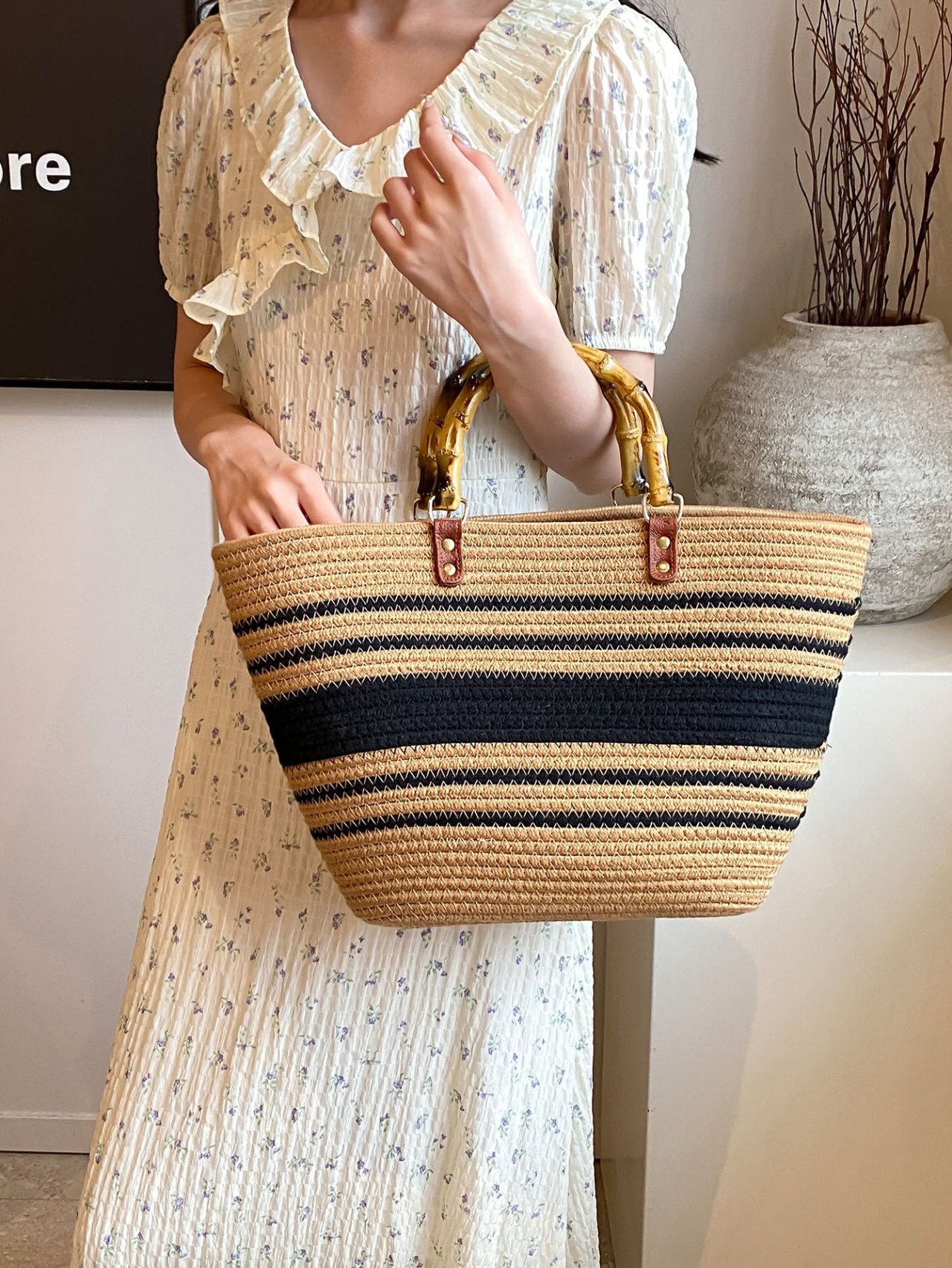 Multi-Colored Striped Straw Beach Bag with Bamboo Handles