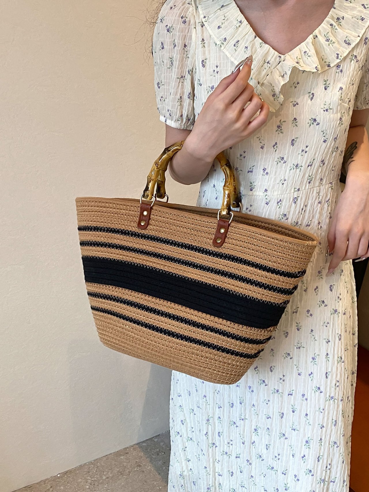 Multi-Colored Striped Straw Beach Bag with Bamboo Handles