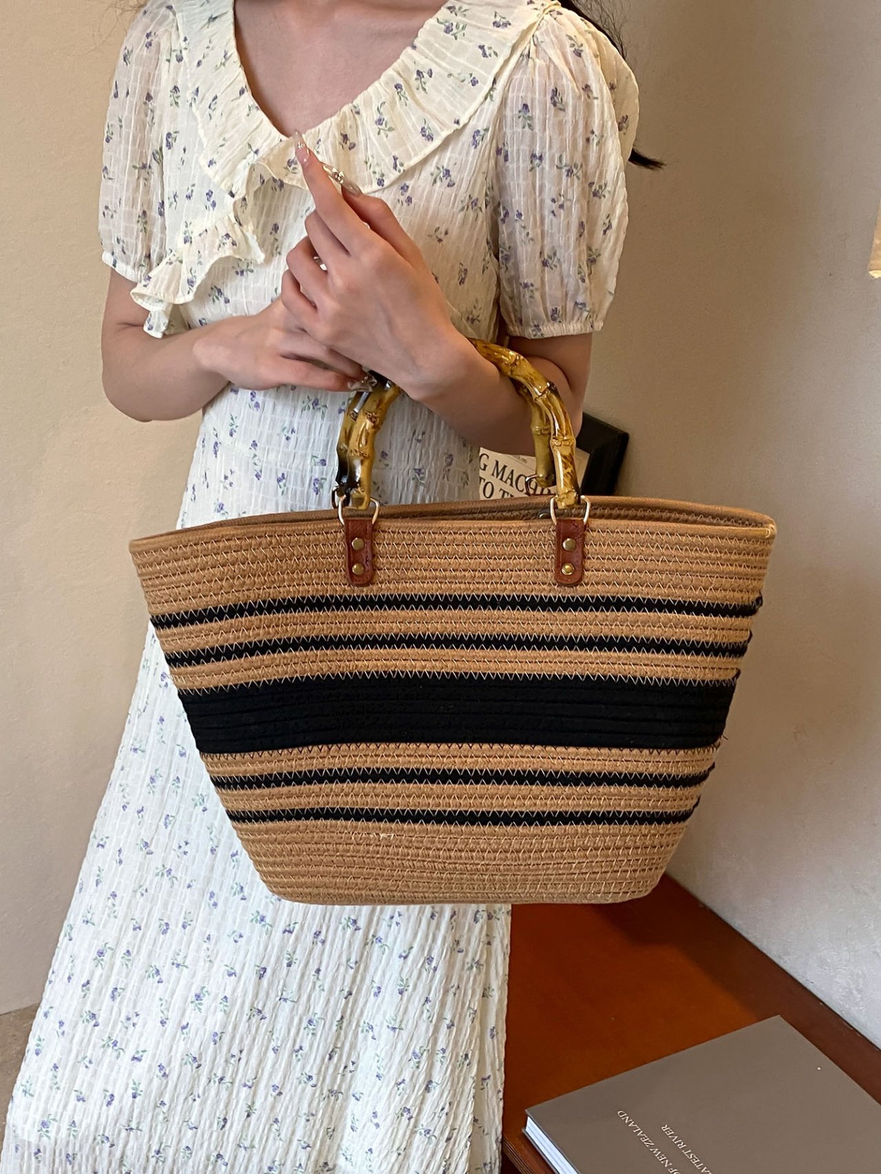 Multi-Colored Striped Straw Beach Bag with Bamboo Handles