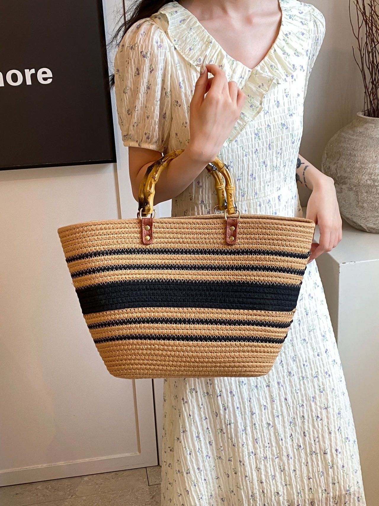 Multi-Colored Striped Straw Beach Bag with Bamboo Handles