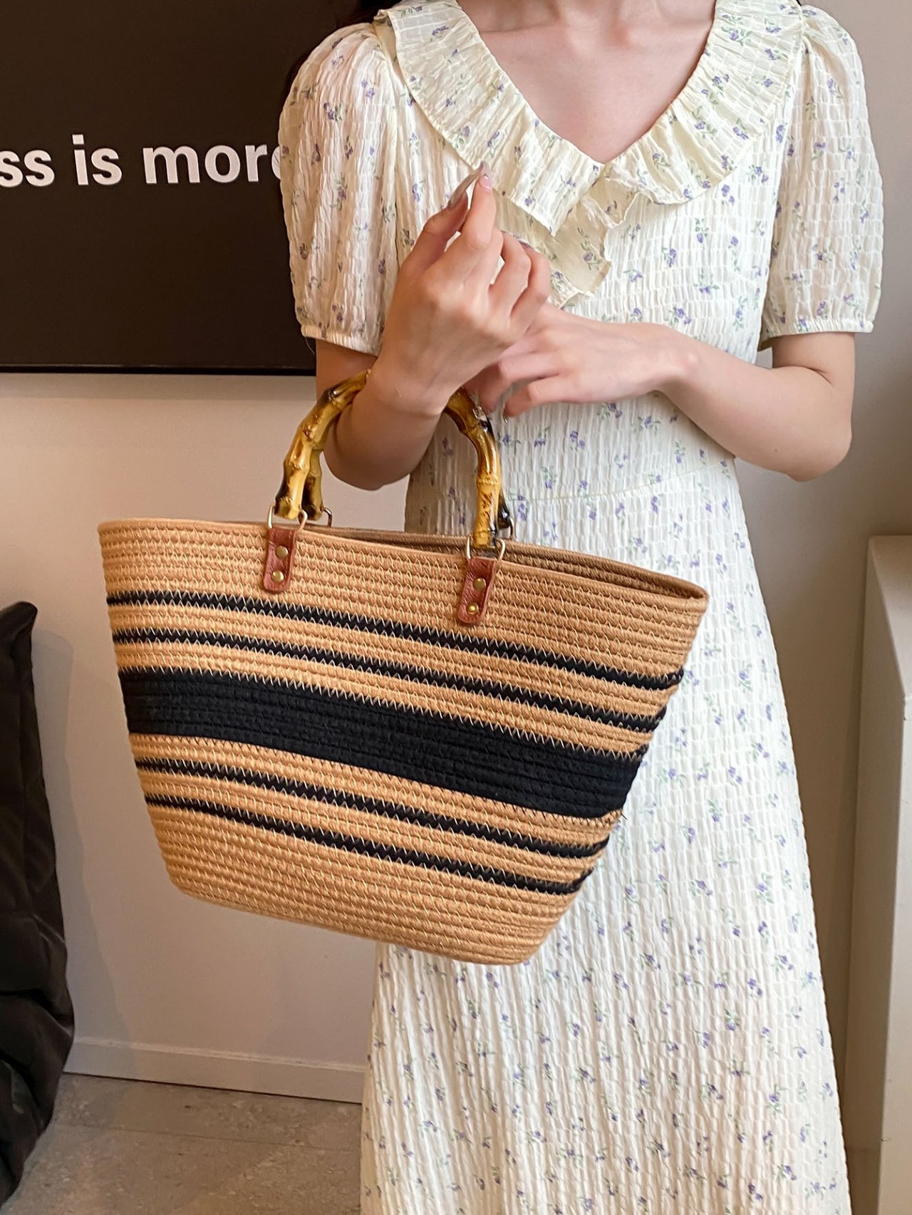 Multi-Colored Striped Straw Beach Bag with Bamboo Handles
