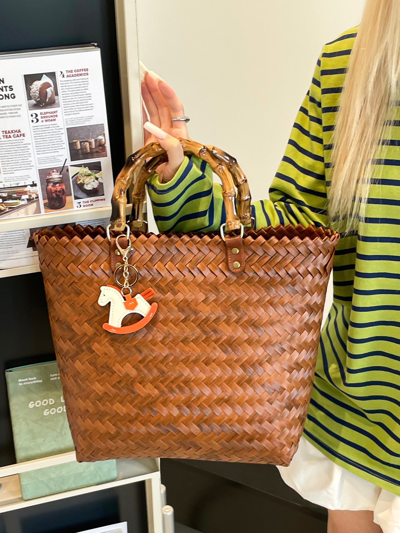 Brown Woven Tote Bag with Bamboo Handles and Charm