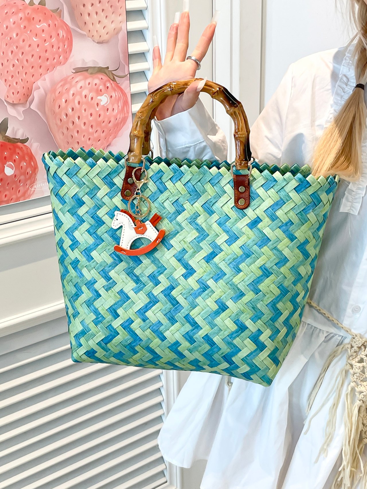 Multi-Color Woven Bamboo Handle Tote Bag with Charm