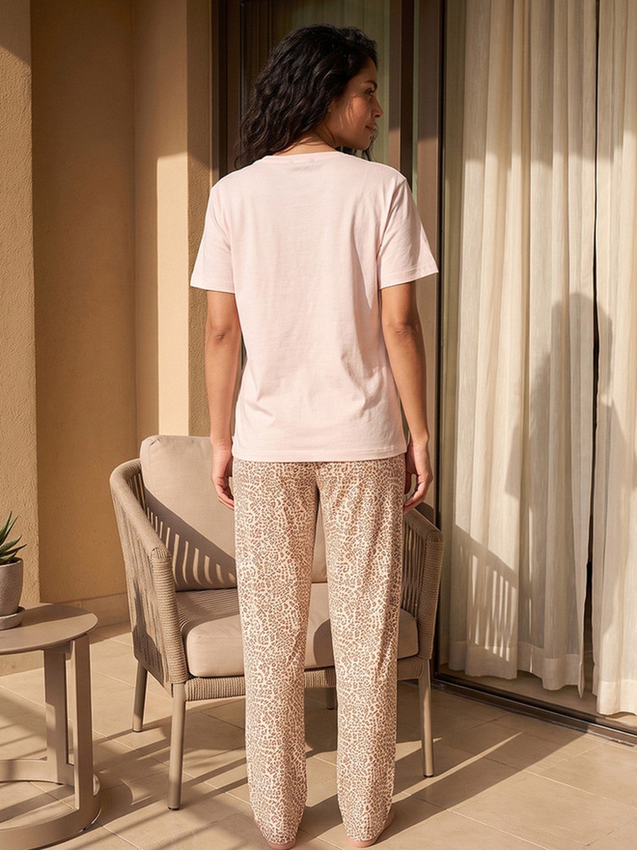 Animal Print Crew Neck T-Shirt and Pyjamas Set