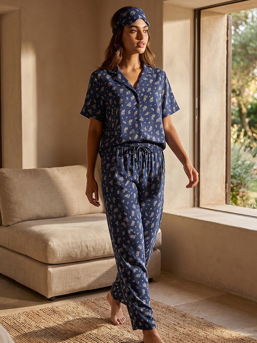 Floral Print Shirt and Pyjama Set with Eye Mask