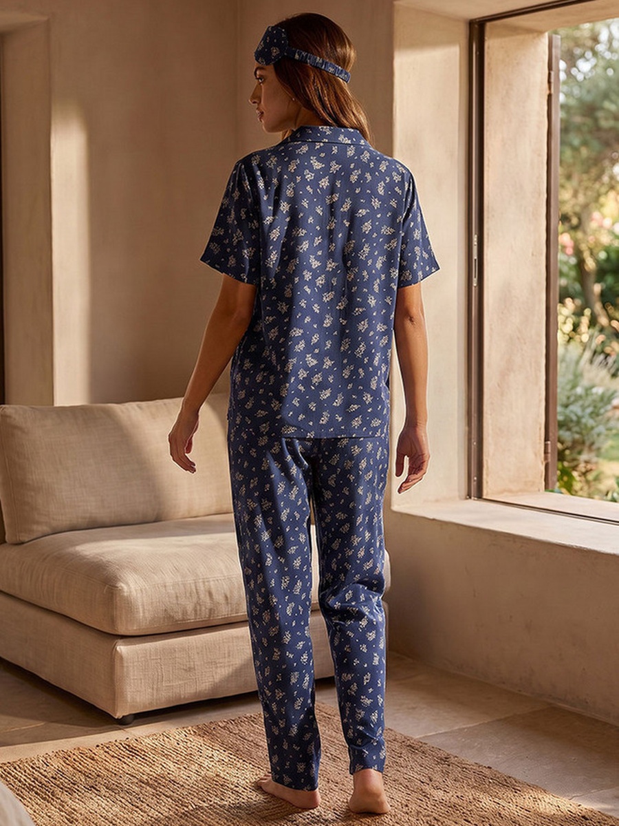 Floral Print Shirt and Pyjama Set with Eye Mask