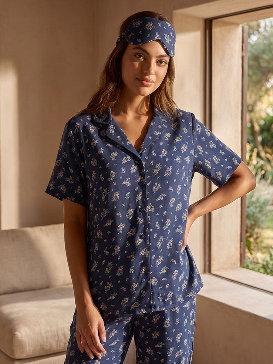 Floral Print Shirt and Pyjama Set with Eye Mask
