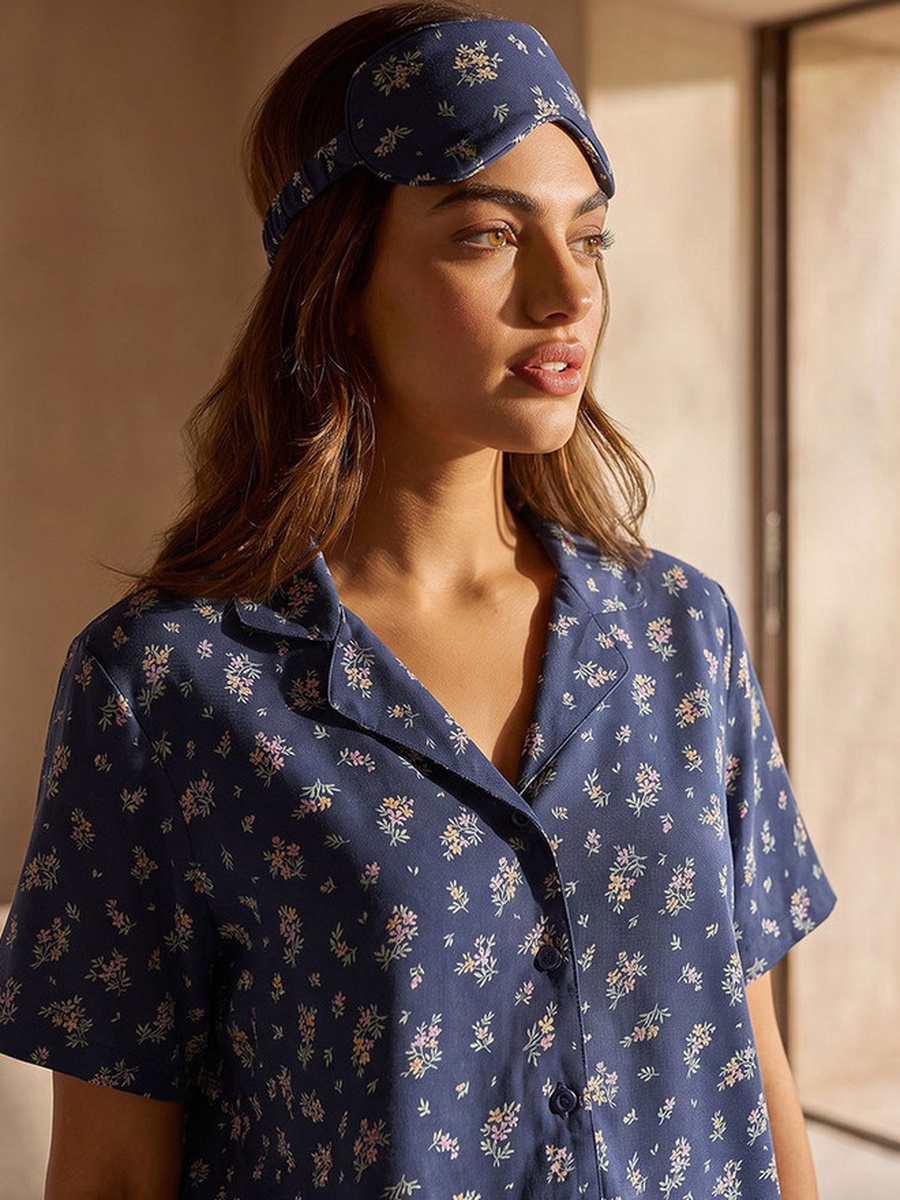 Floral Print Shirt and Pyjama Set with Eye Mask