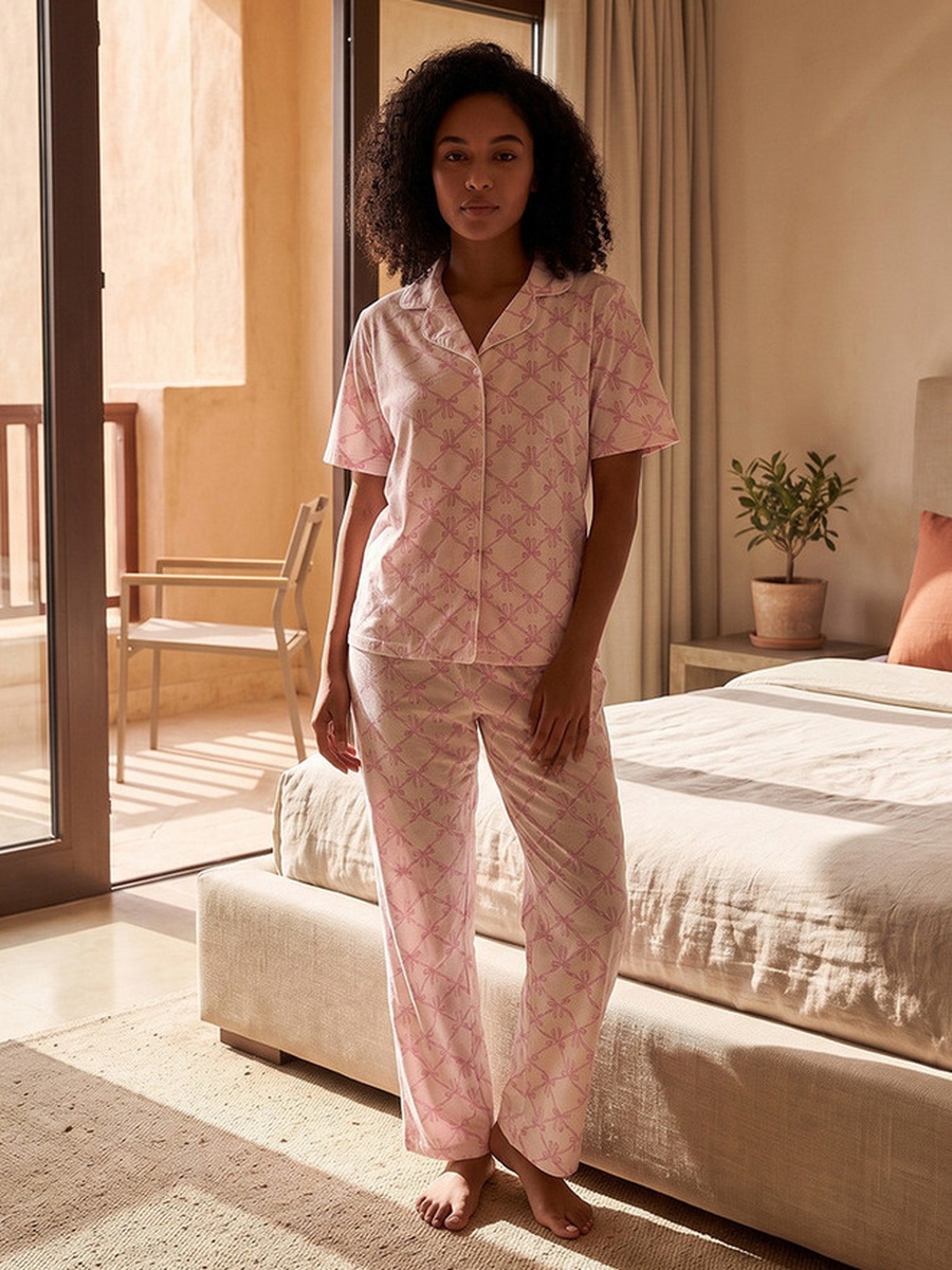 Printed Button-Down Shirt and Pyjamas Set