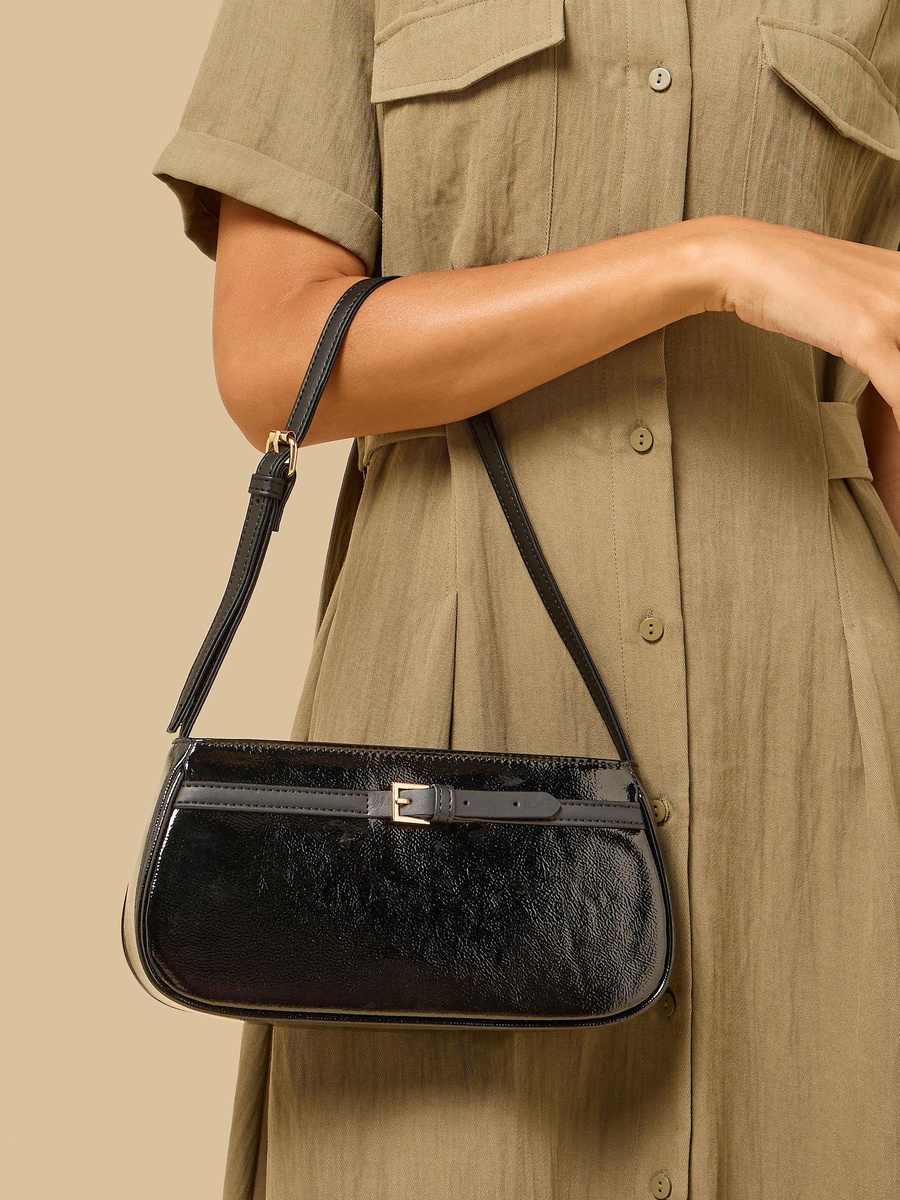 Buckle Detail Shoulder Bag with Zip Closure