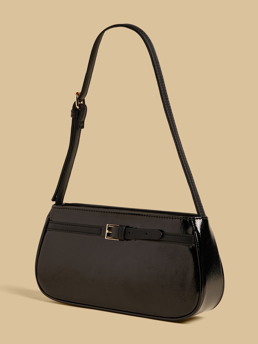 Buckle Detail Shoulder Bag with Zip Closure