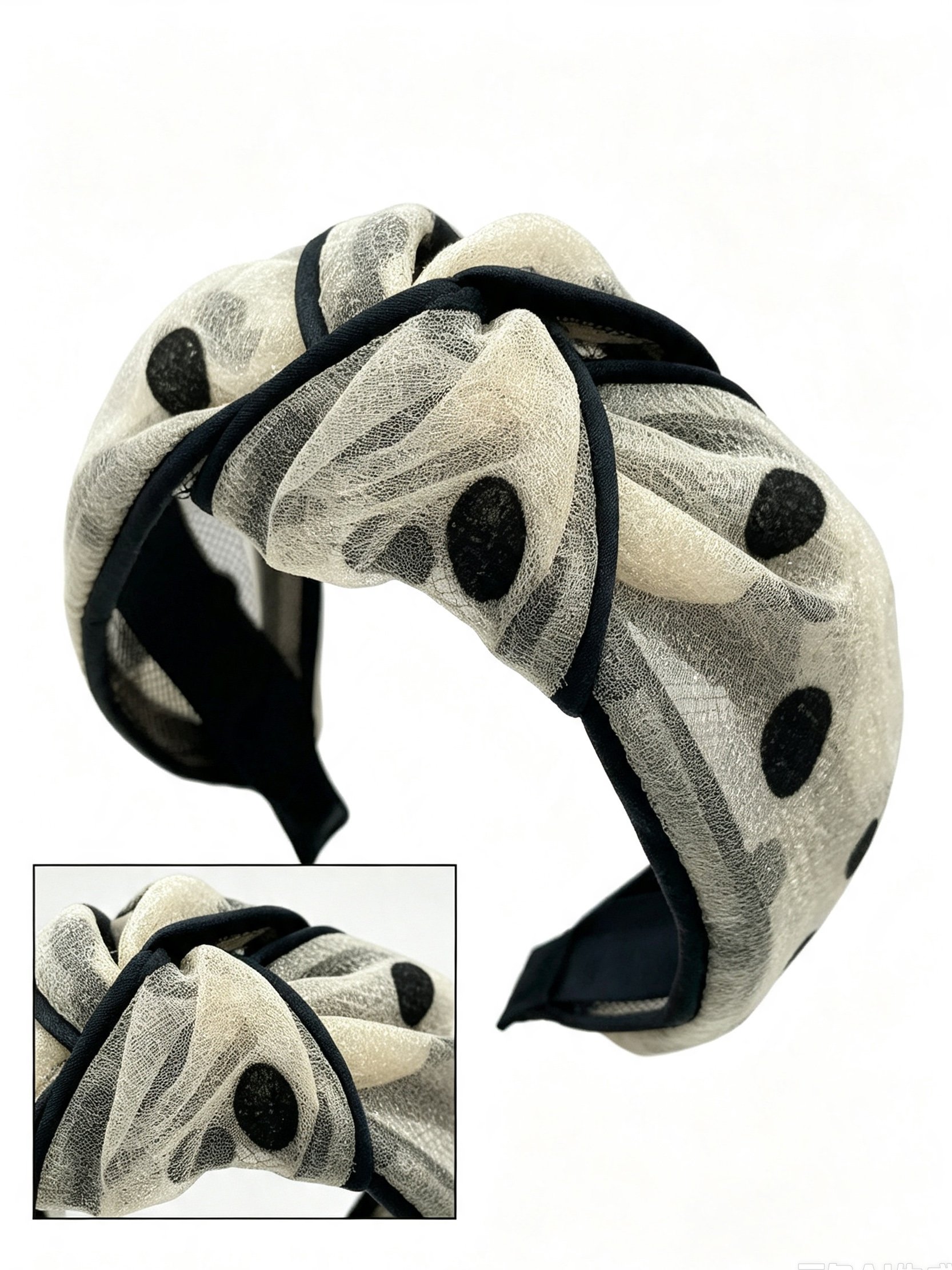 Khaki Polka Dot Tulle Knotted Headband
