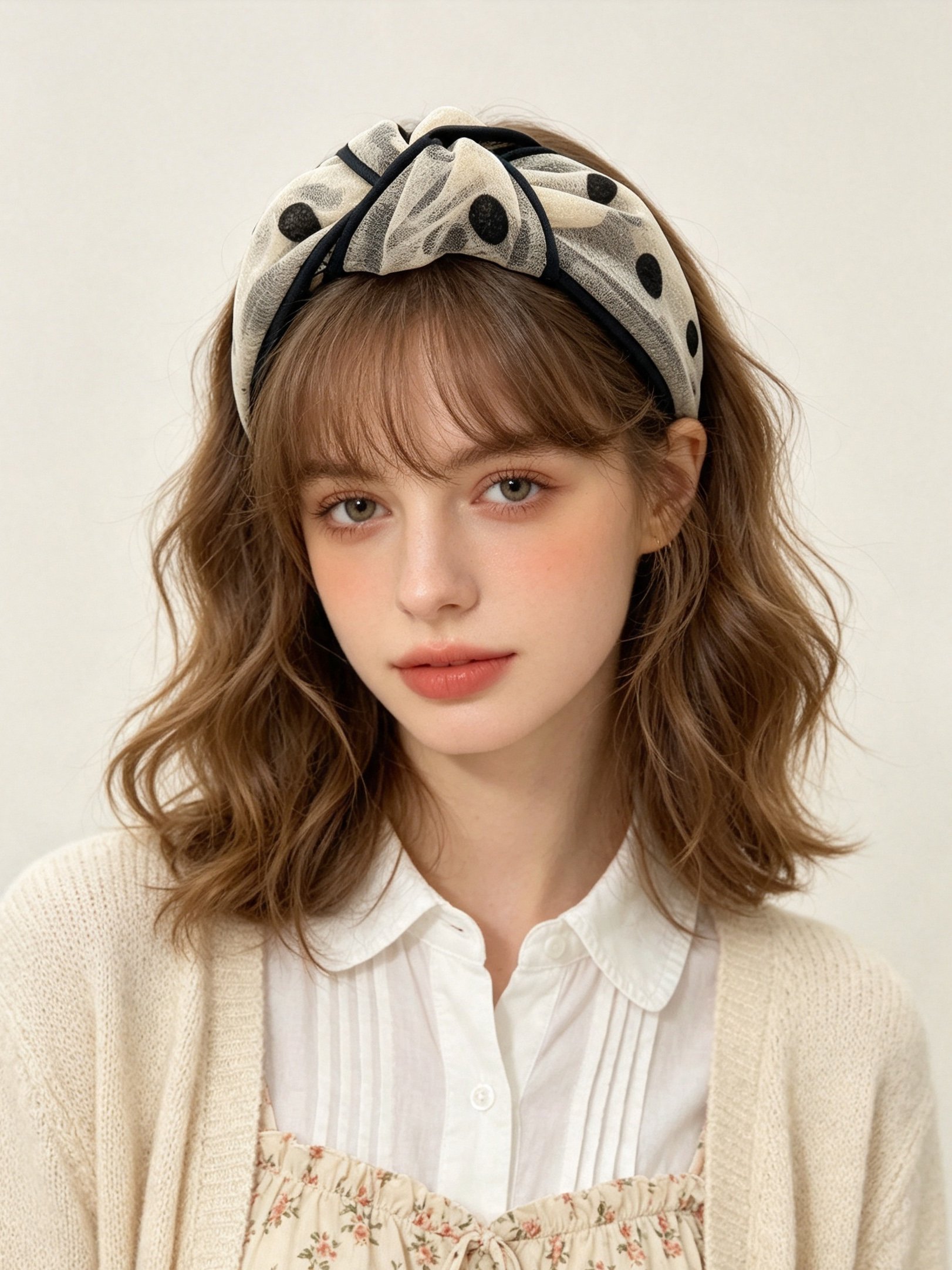 Khaki Polka Dot Tulle Knotted Headband