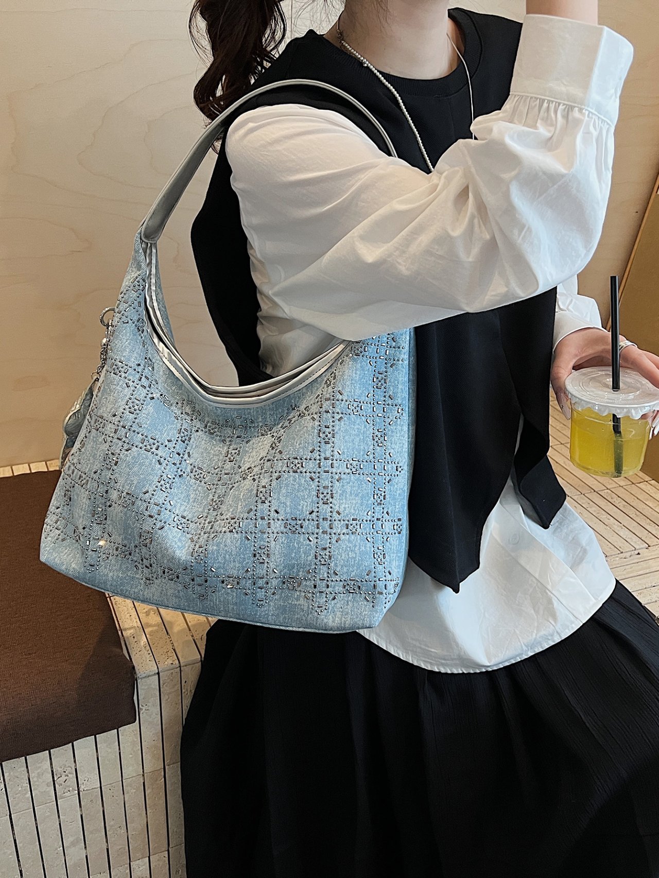 Silver Studded Denim Hobo Shoulder Bag