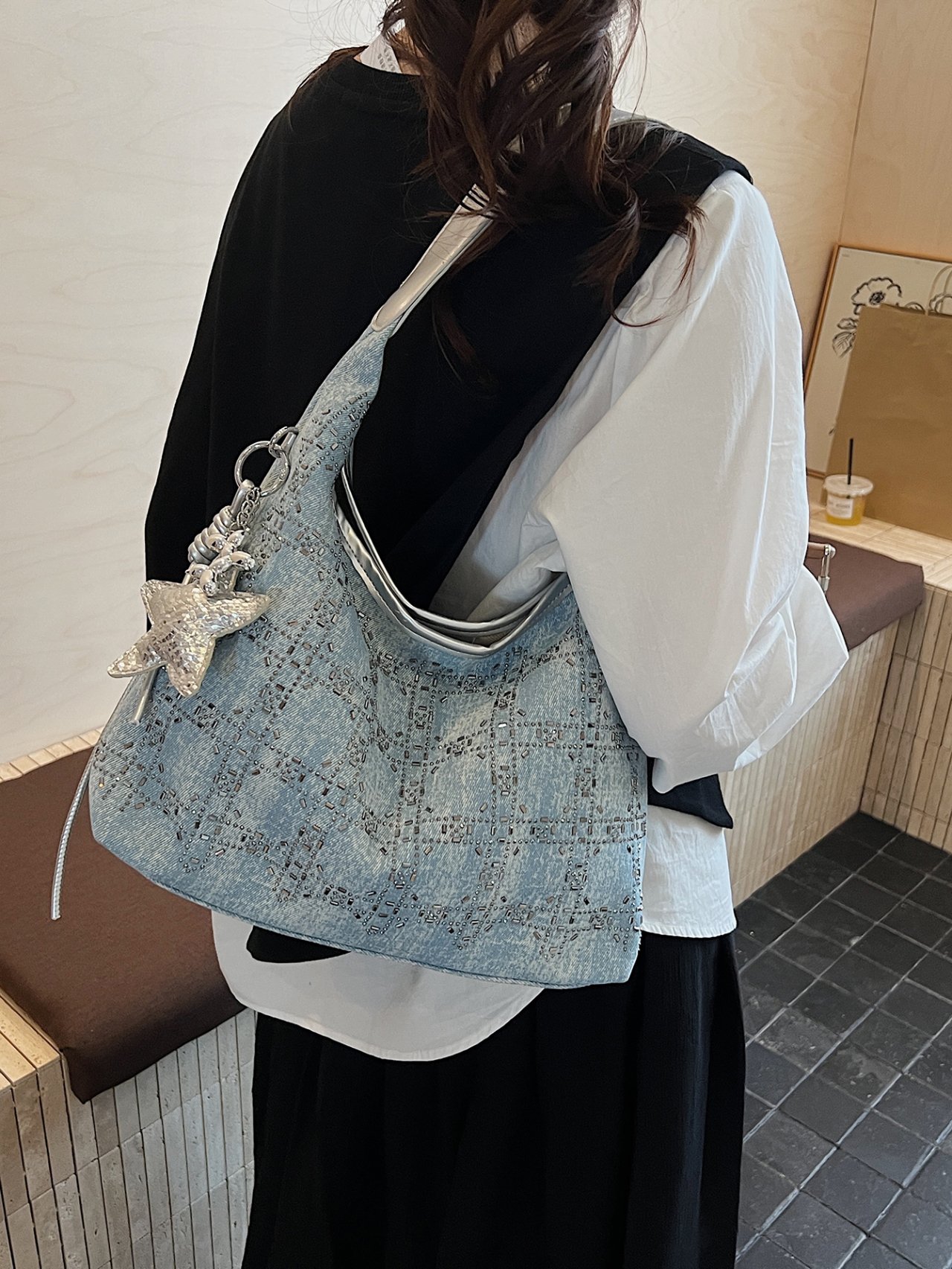Silver Studded Denim Hobo Shoulder Bag
