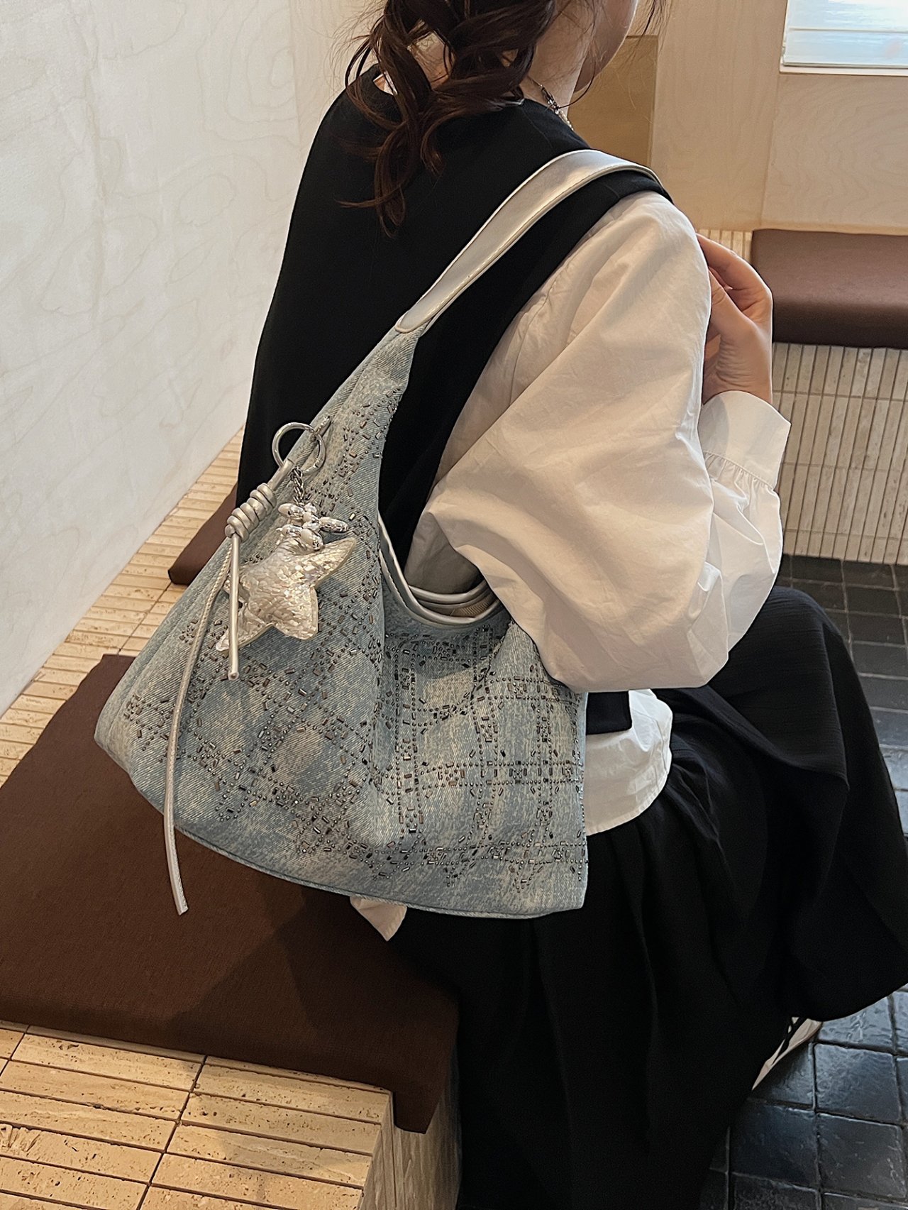 Silver Studded Denim Hobo Shoulder Bag